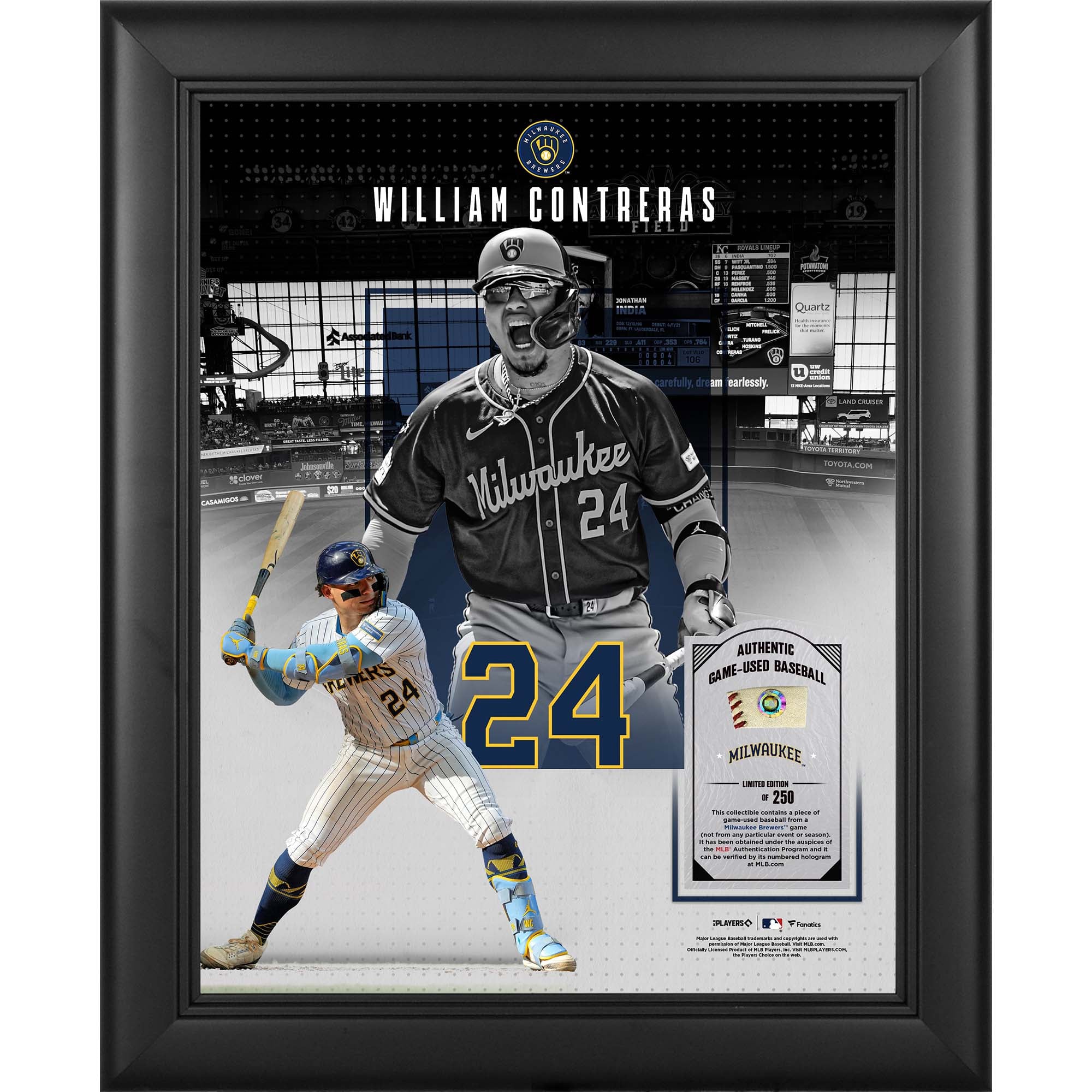 Collage encadré 11" x 14" de William Contreras (Milwaukee Brewers) avec un morceau de balle utilisée en match - Édition limitée à 250 exemplaires