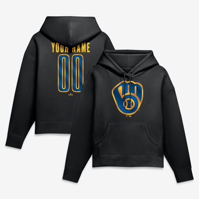 Milwaukee Brewers Women's Metallic Mascot Personalized Name & Number Hoodie - Black