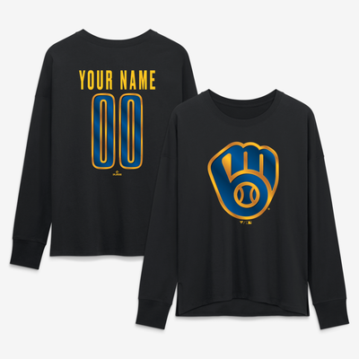 Milwaukee Brewers Women's Metallic Mascot Personalized Name & Number Long Sleeve T-Shirt - Black