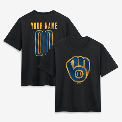 Milwaukee Brewers Women's Metallic Mascot Personalized Name & Number T-Shirt - Black