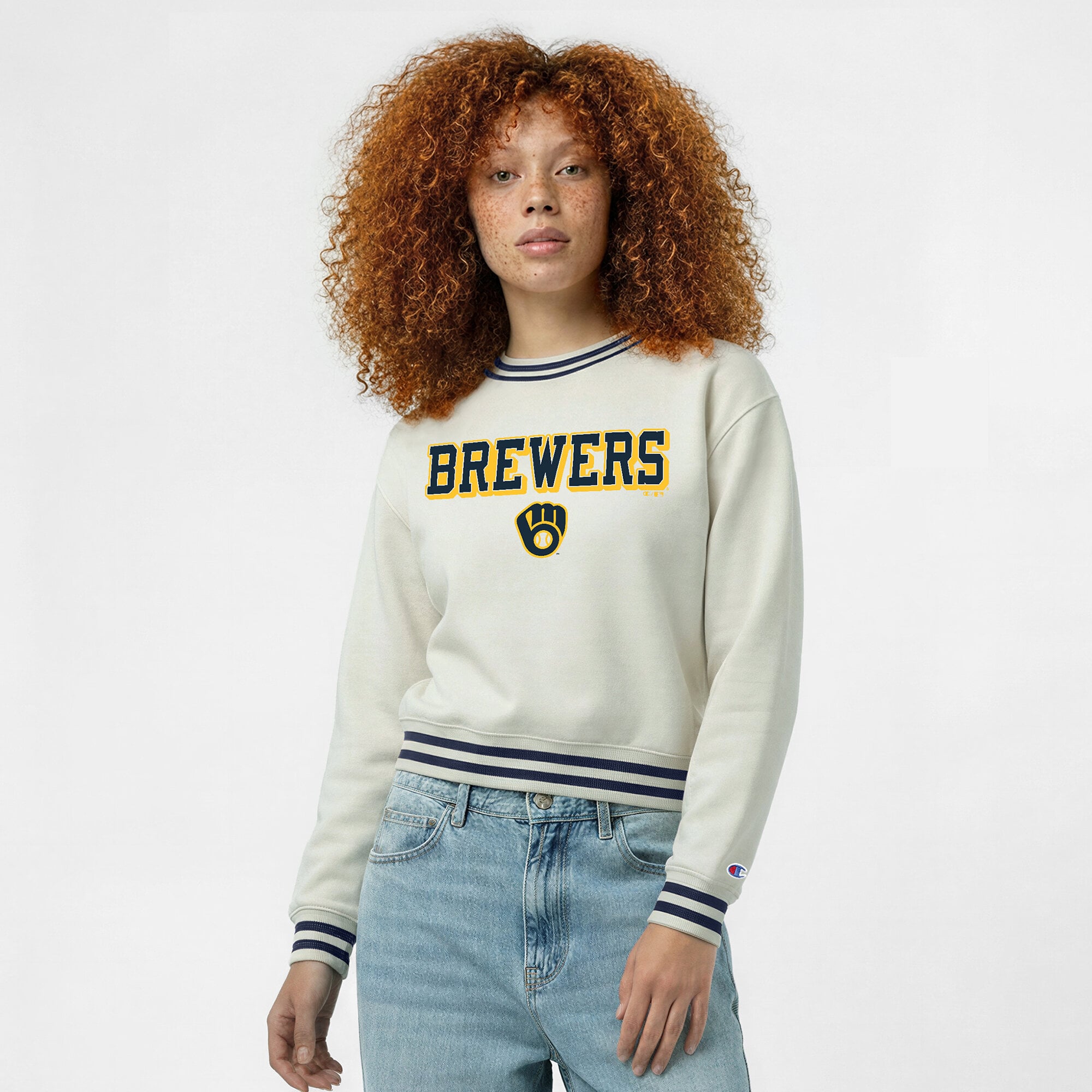 Sweat-shirt Champion crème pour femme, Milwaukee Brewers Reverse Weave