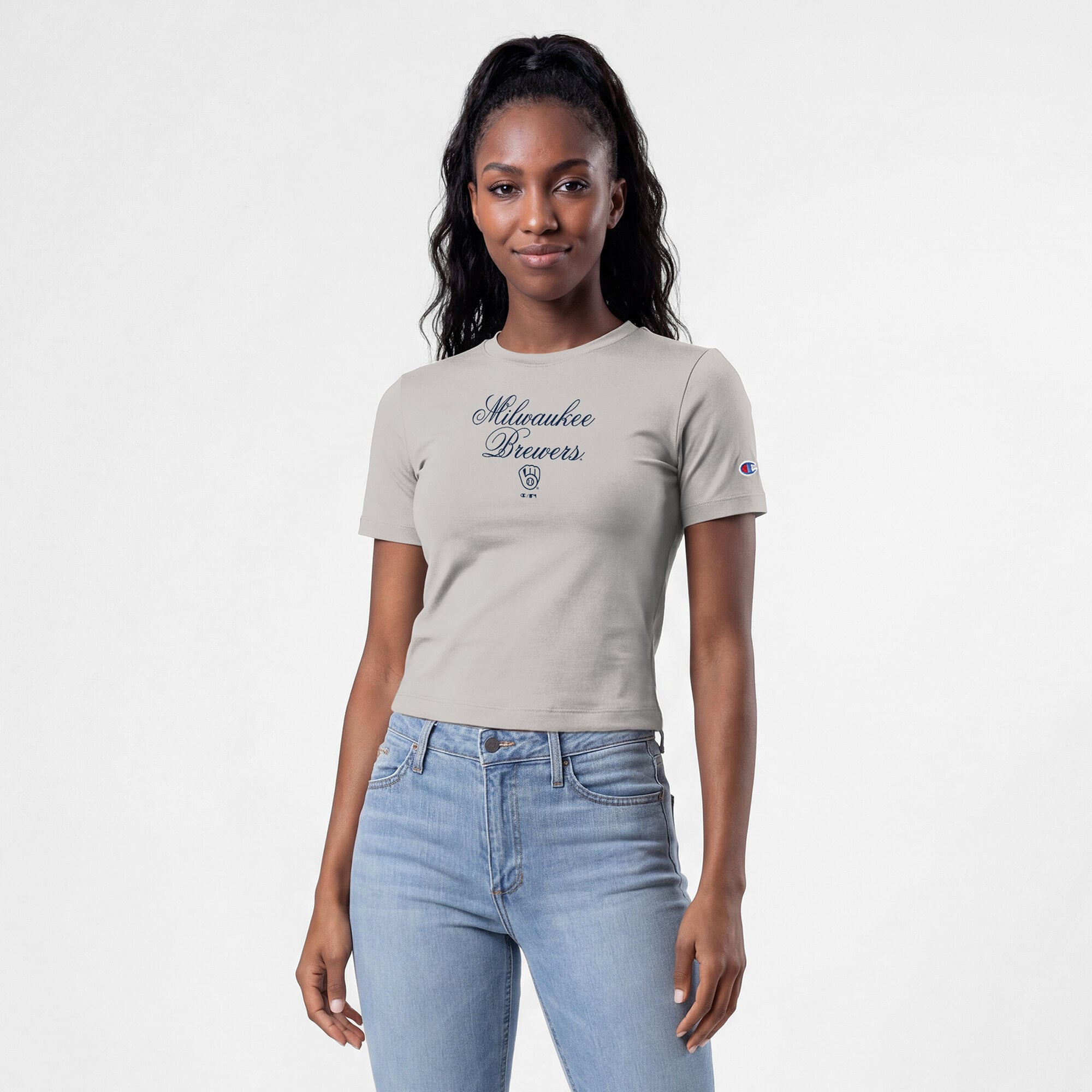 T-shirt court ajusté doux au toucher Champion pour femme, gris, Milwaukee Brewers