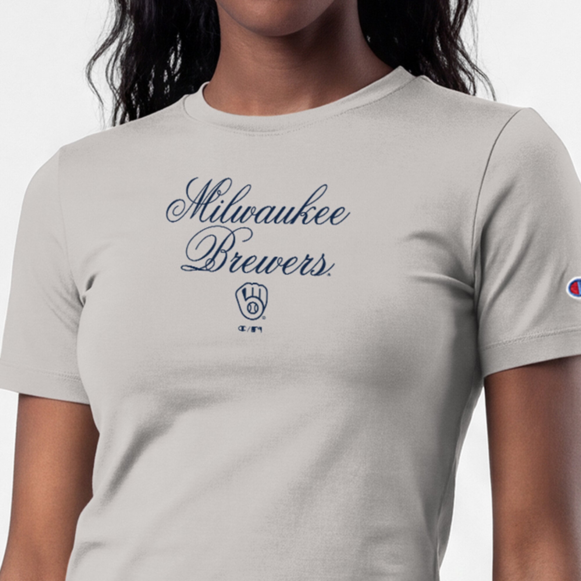 T-shirt court ajusté doux au toucher Champion pour femme, gris, Milwaukee Brewers