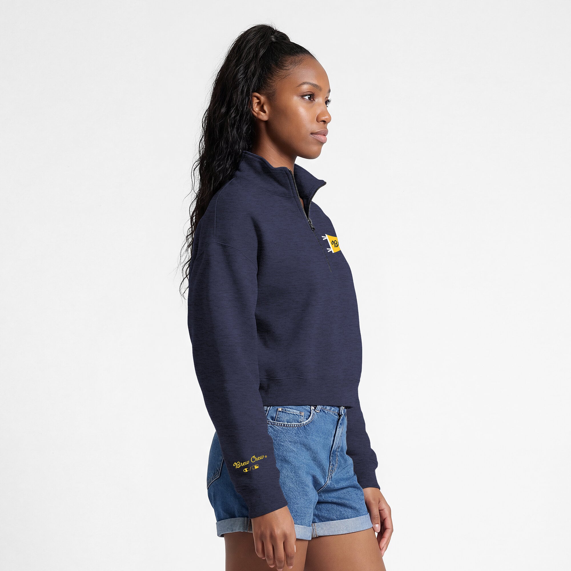 Pull court à col zippé Champion pour femme, bleu marine, Milwaukee Brewers Triumph, en polaire tri-blend.