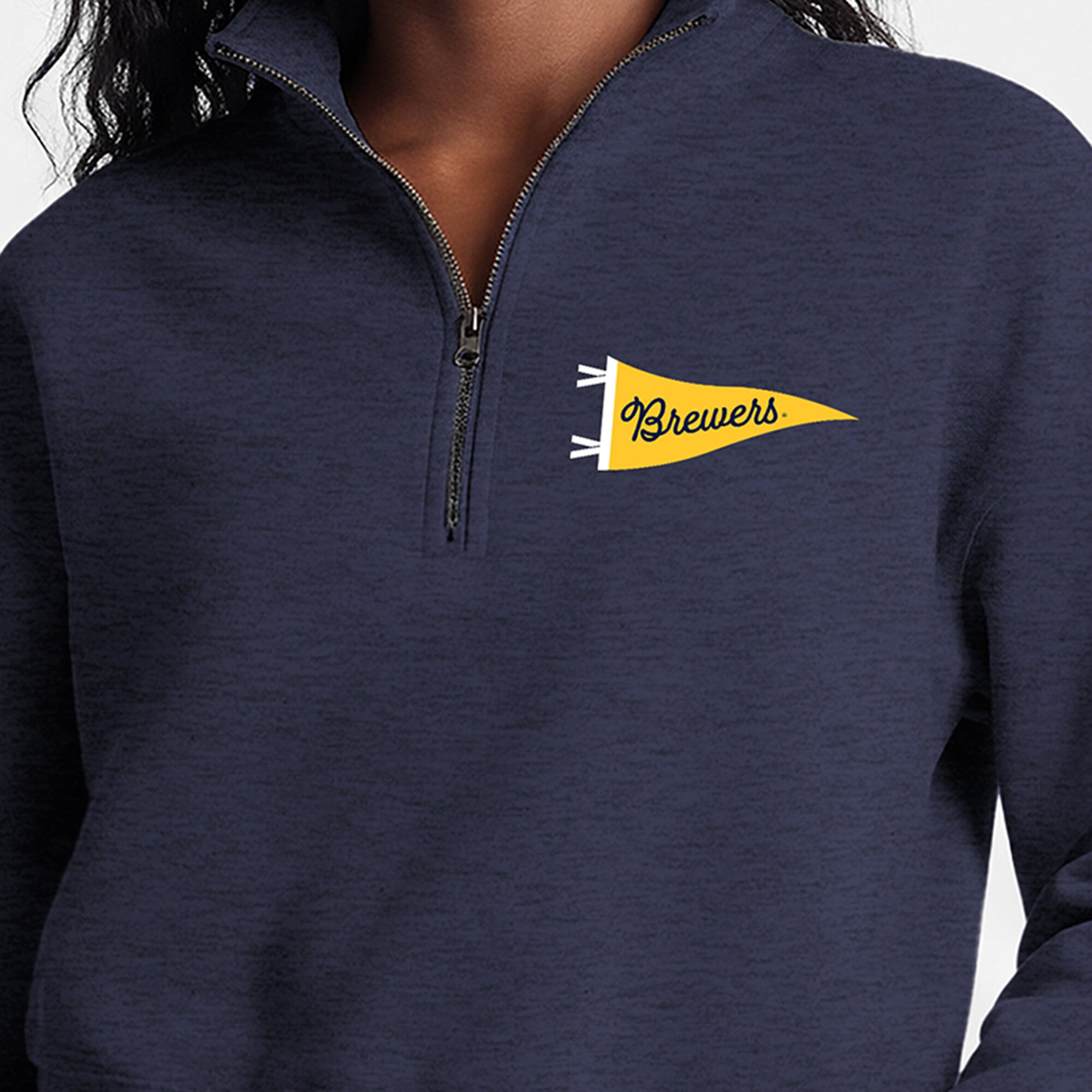 Pull court à col zippé Champion pour femme, bleu marine, Milwaukee Brewers Triumph, en polaire tri-blend.