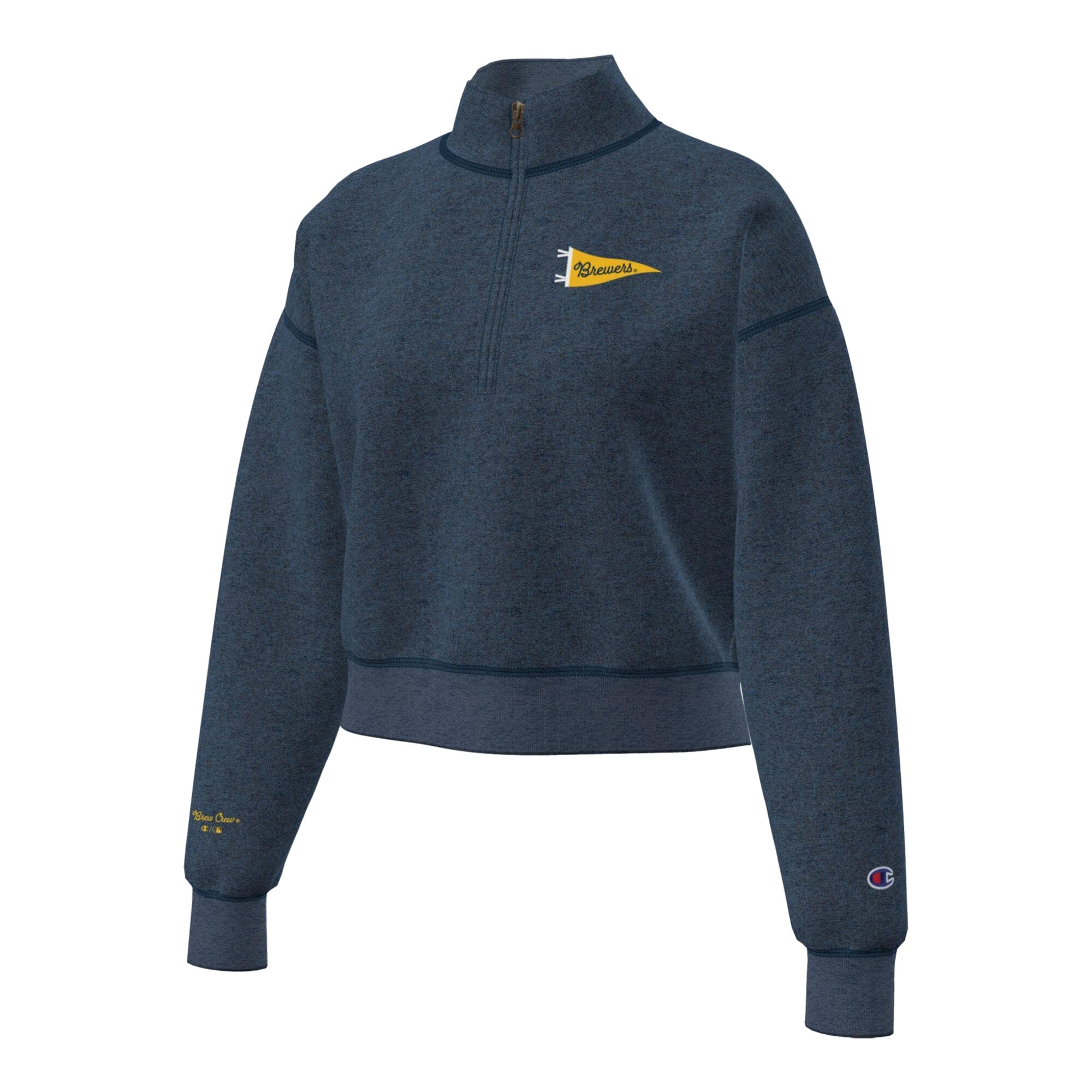 Pull court à col zippé Champion pour femme, bleu marine, Milwaukee Brewers Triumph, en polaire tri-blend.