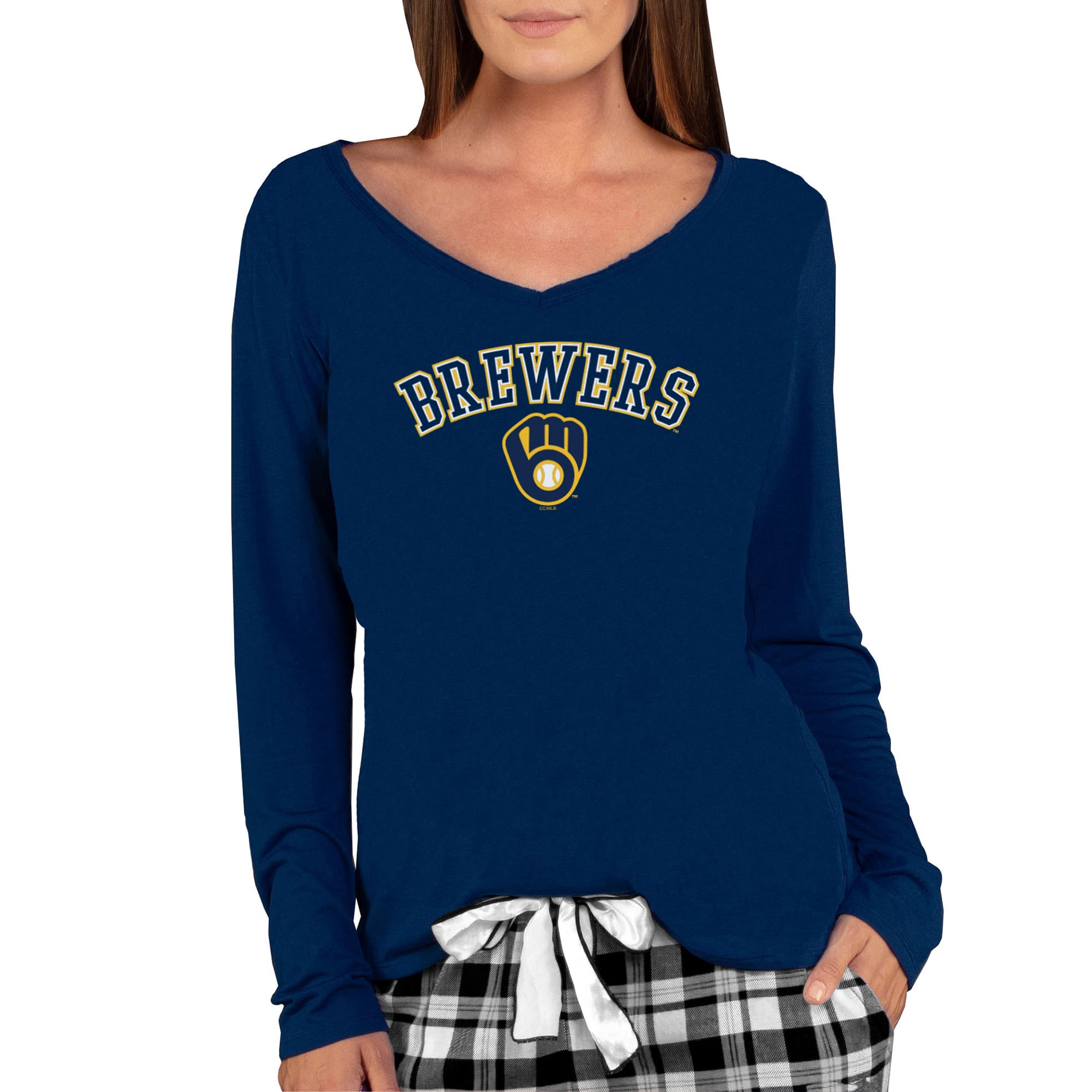 T-shirt à manches longues et col en V maille Concepts Sport bleu marine Milwaukee Brewers Marathon pour femme