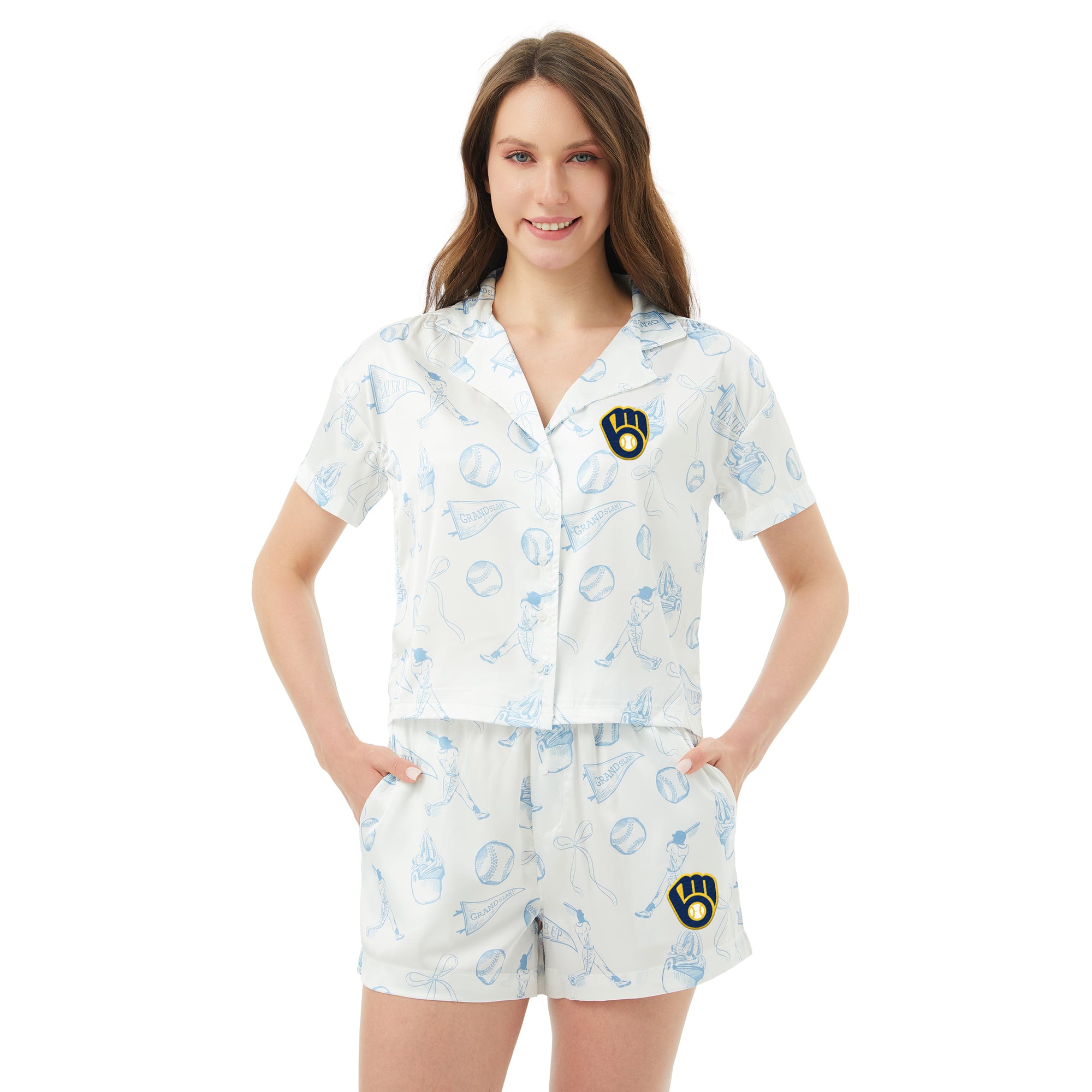 Women's Concepts Sport  White Milwaukee Brewers Hilton Satin Allover Print Button-Up Shirt & Shorts Set