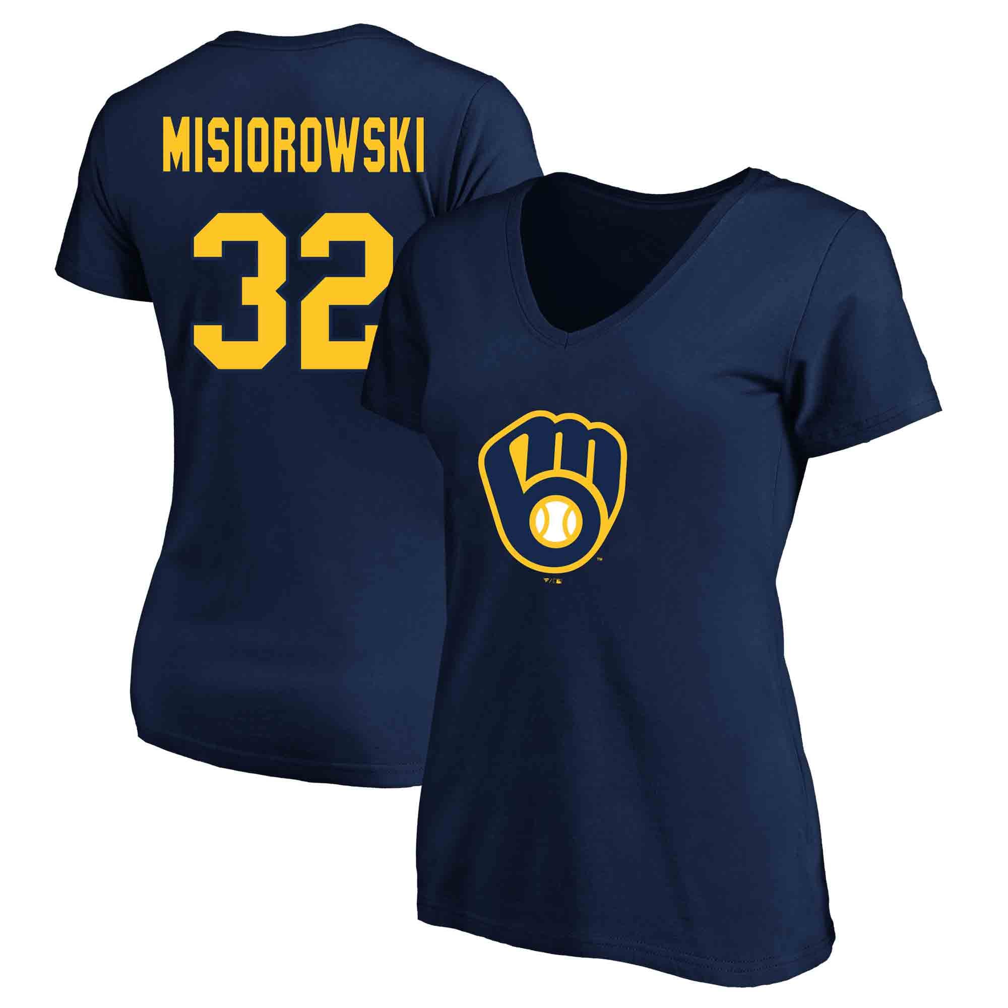Women's Fanatics Jacob Misiorowski Navy Milwaukee Brewers Plus Name & Number V-Neck T-Shirt