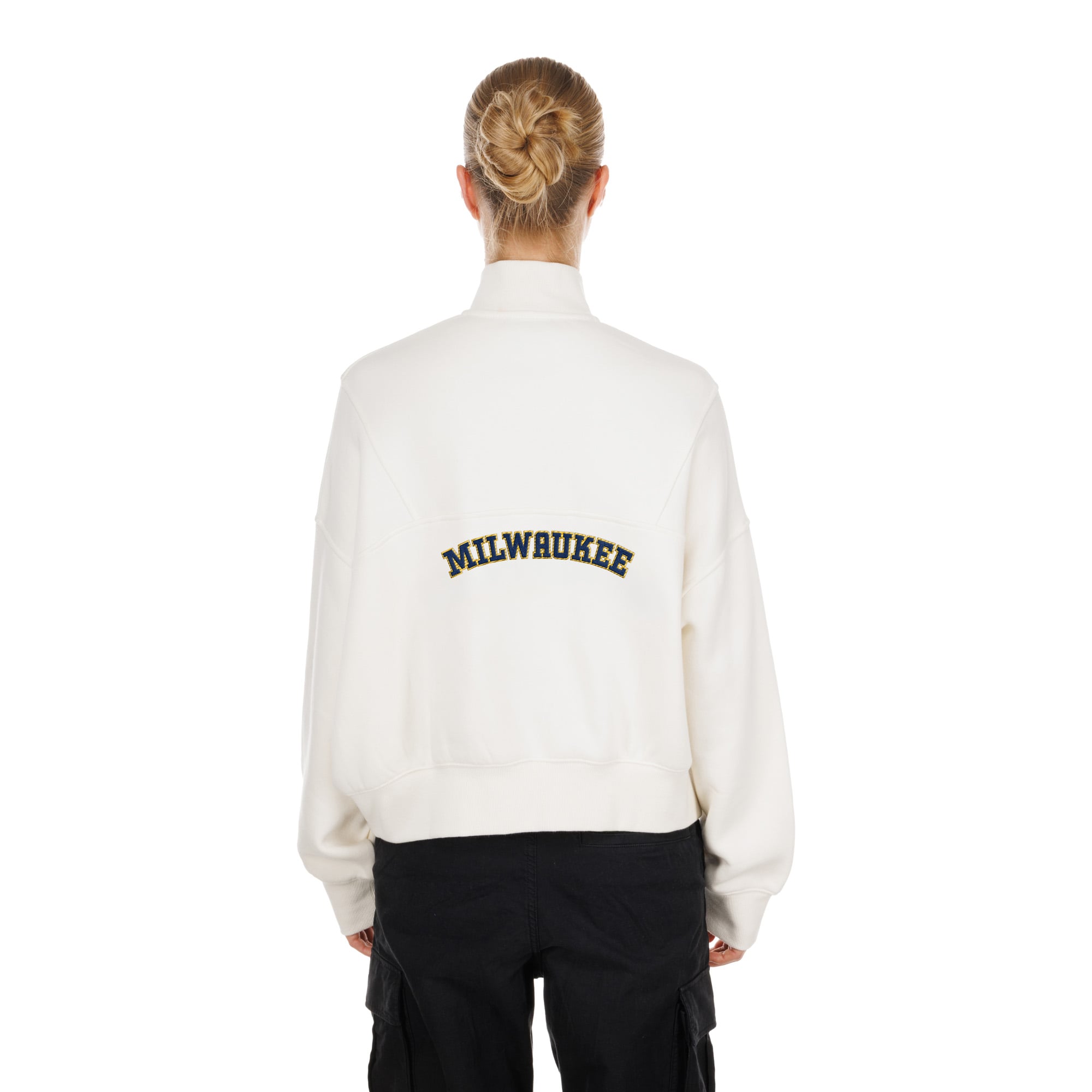 Pull polaire New Era beige clair pour femme, modèle Milwaukee Brewers Dune Dust, fermeture éclair au quart