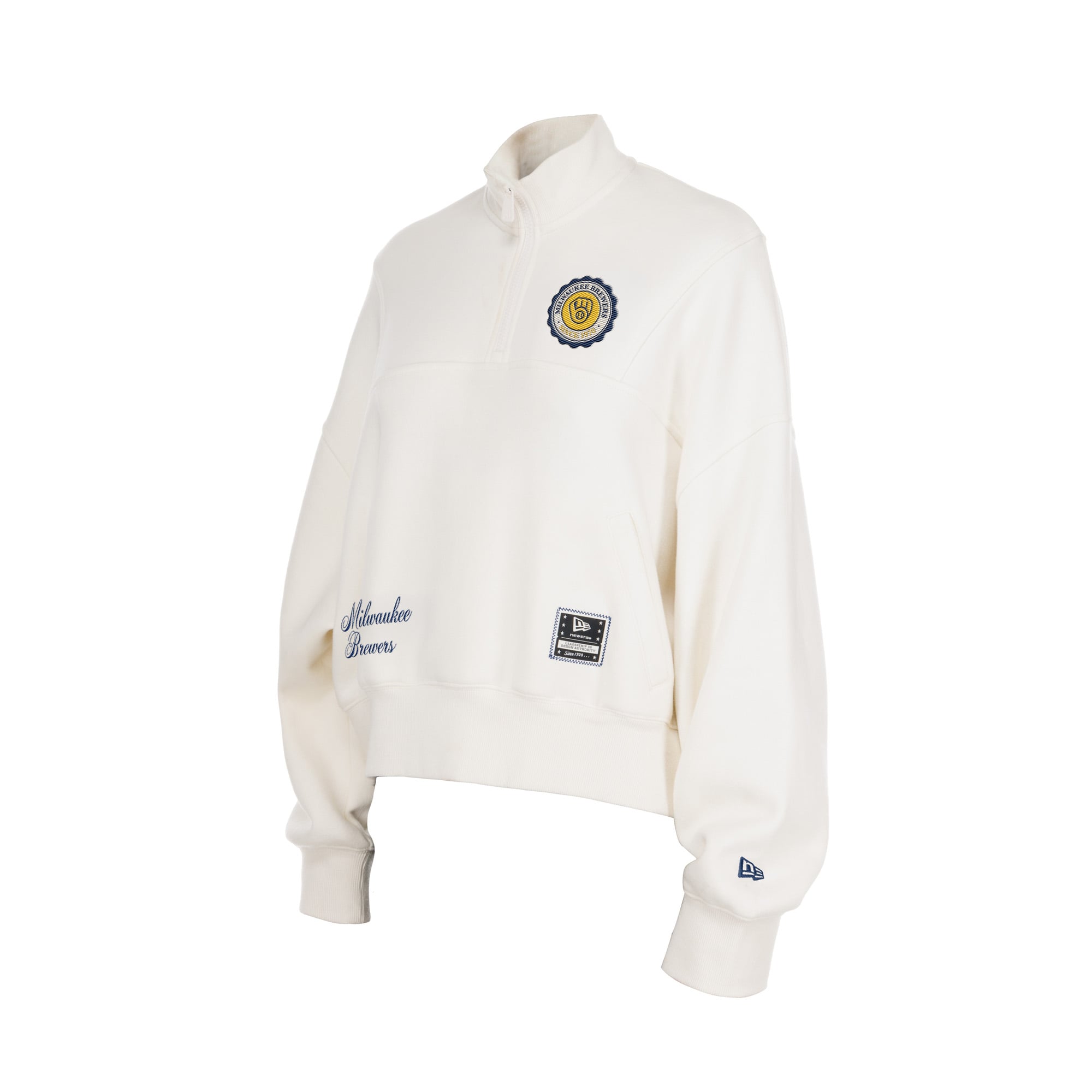 Pull polaire New Era beige clair pour femme, modèle Milwaukee Brewers Dune Dust, fermeture éclair au quart