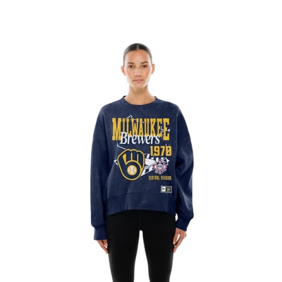 Milwaukee Brewers New Era Women's Throwback Mineral Wash Boxy Sweatshirt - Navy