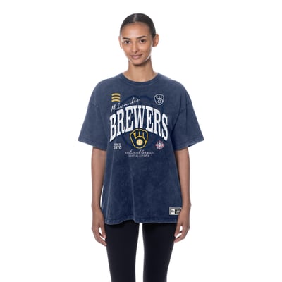Milwaukee Brewers New Era Women's Throwback Mineral Wash Boyfriend T-Shirt - Navy