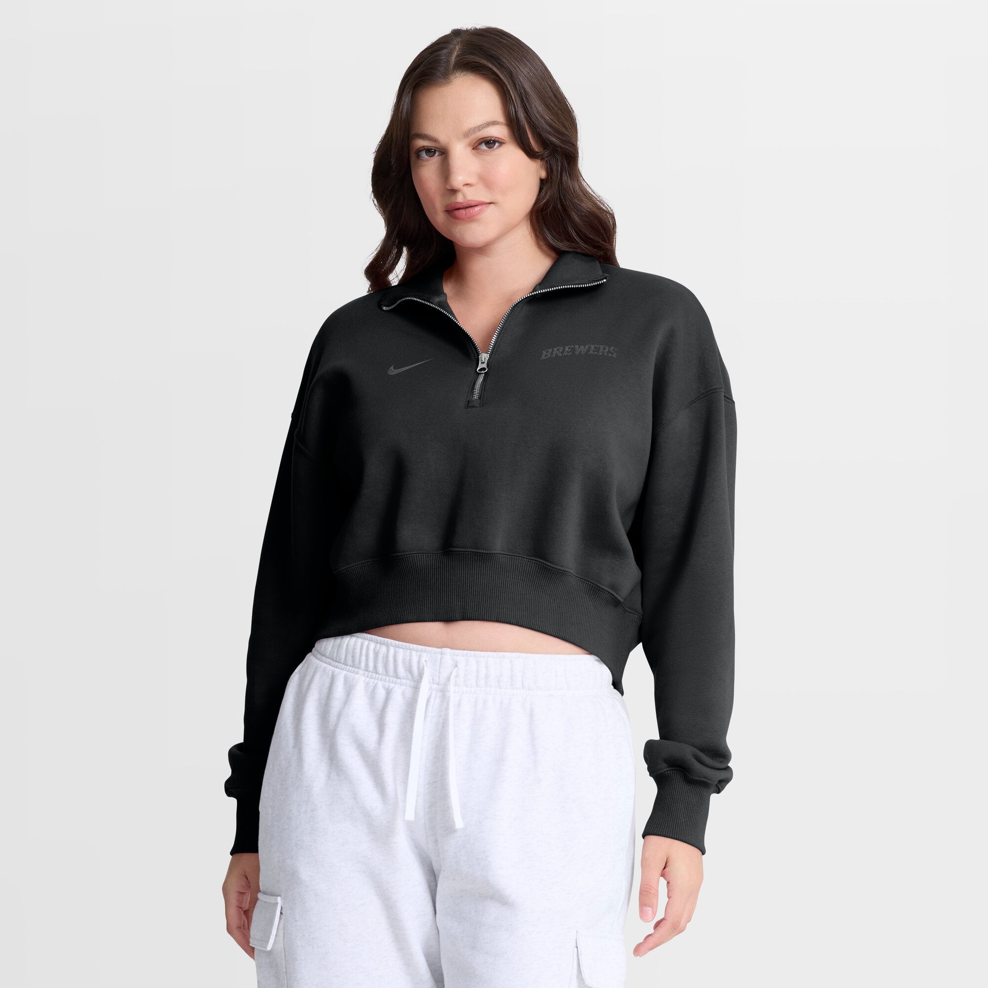Sweat-shirt court à col zippé Nike Milwaukee Brewers noir oversize Phoenix Fleece pour femme