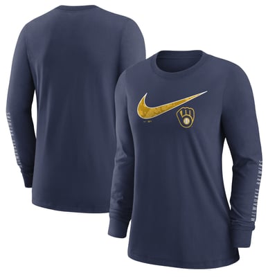 Milwaukee Brewers Nike Women's Double Hit Long Sleeve T-Shirt - Navy