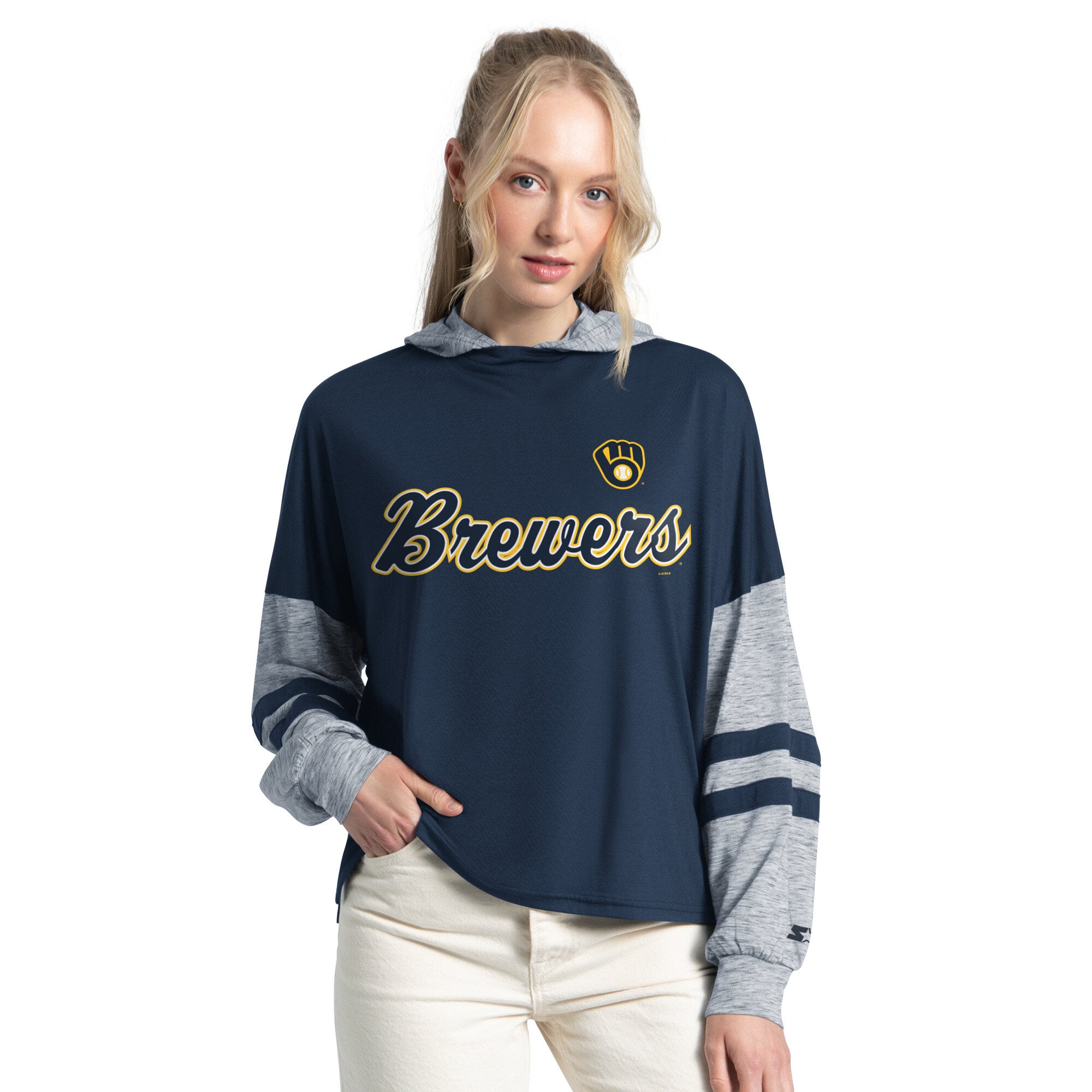 Sweat à capuche léger Starter pour femme, bleu marine, Milwaukee Brewers Fuel Up