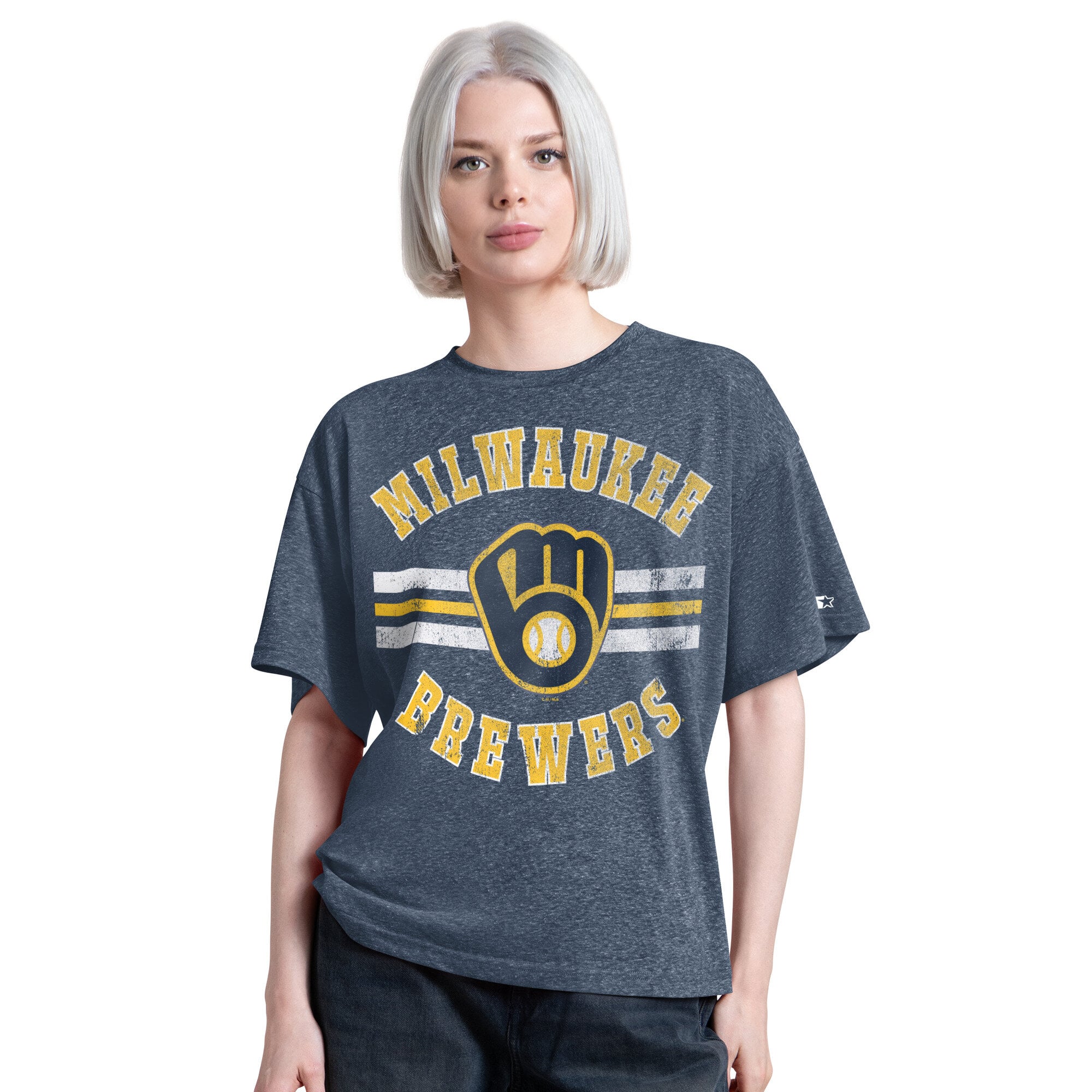 T-shirt Starter Navy Milwaukee Brewers pour femme, coupe boyfriend, mélange de trois matières