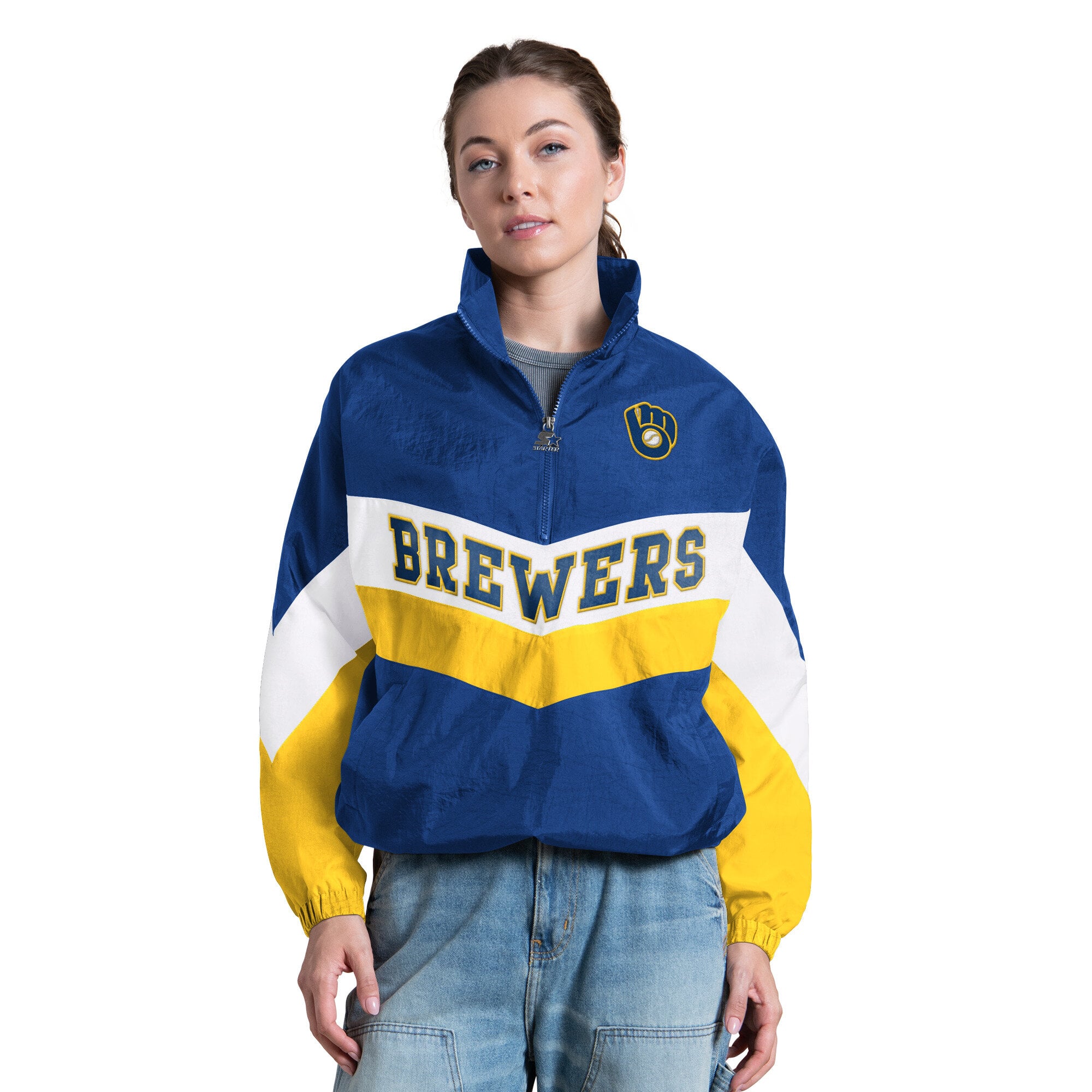 Pull à col zippé 1/4 pour femme Starter Royal Milwaukee Brewers Yardline