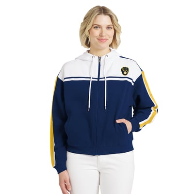 Milwaukee Brewers WEAR by Erin Andrews Women's Color Blocked Full-Zip Hoodie - Navy/White
