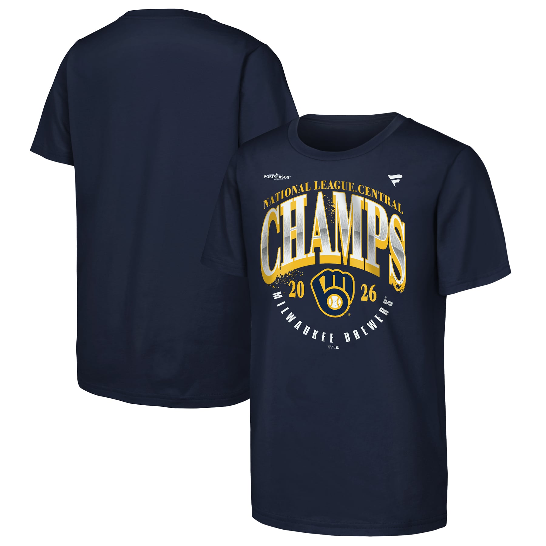 T-shirt Fanatics bleu marine pour jeunes, Milwaukee Brewers, champions de la division centrale Ligue nationale 2026, vestiaire