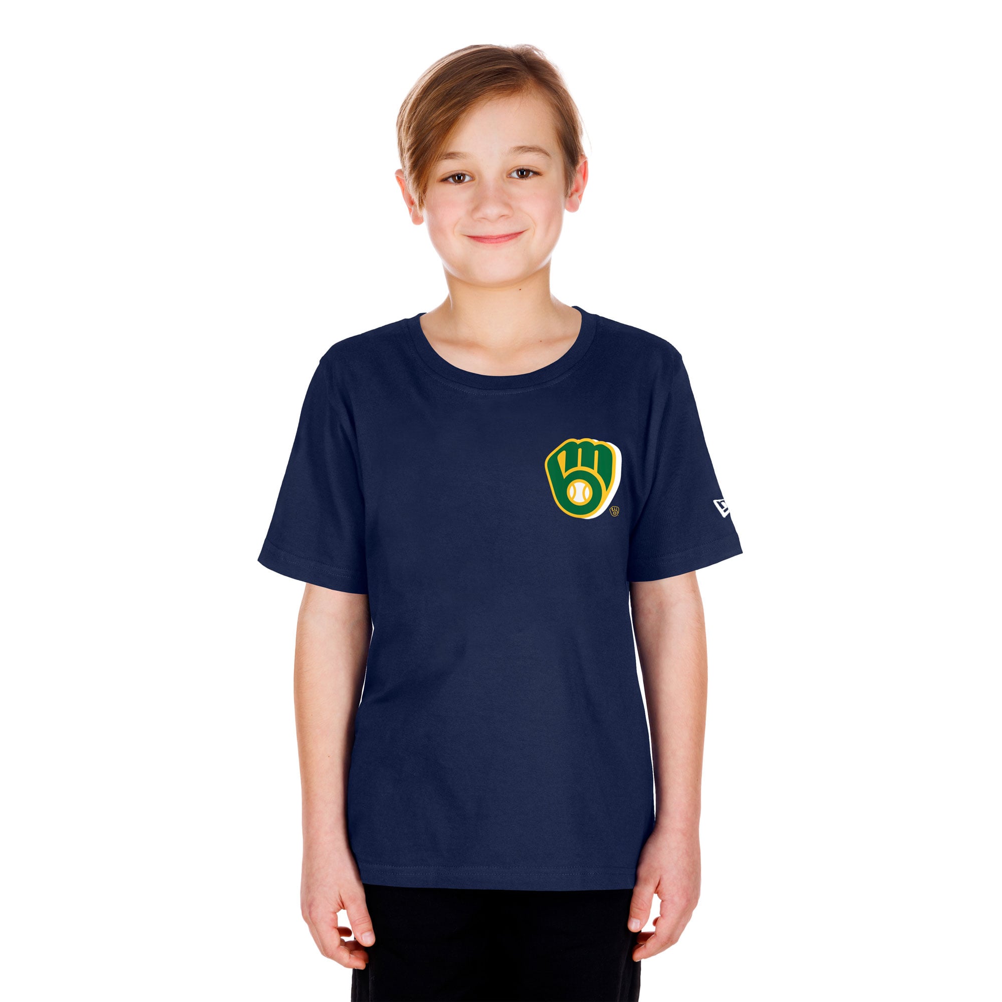 Youth New Era Navy Milwaukee Brewers Cartoon Logo T-Shirt