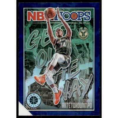 2019-20 Hoops Premium Stock Get Out the Way Purple #14 Giannis Antetokounmpo