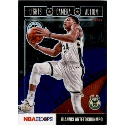 2019-20 Hoops Premium Stock Lights Camera Action Purple #19 Giannis Antetokounmpo
