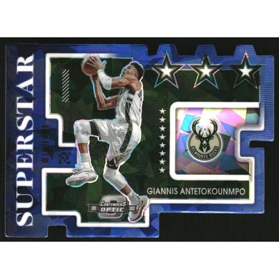 2021-22 Panini Contenders Optic Superstars Blue Cracked Ice #6 Giannis Antetokounmpo