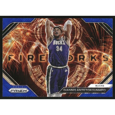 2023-24 Panini Prizm Fireworks Prizms Blue Wave #19 Giannis Antetokounmpo