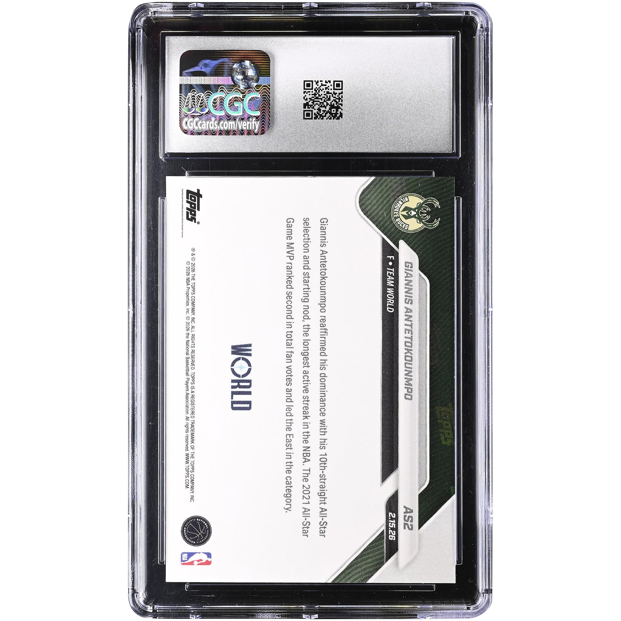 Carte Giannis Antetokounmpo Milwaukee Bucks 2025-26 Topps Now All-Star Game #AS2 authentifiée CGC 9.5