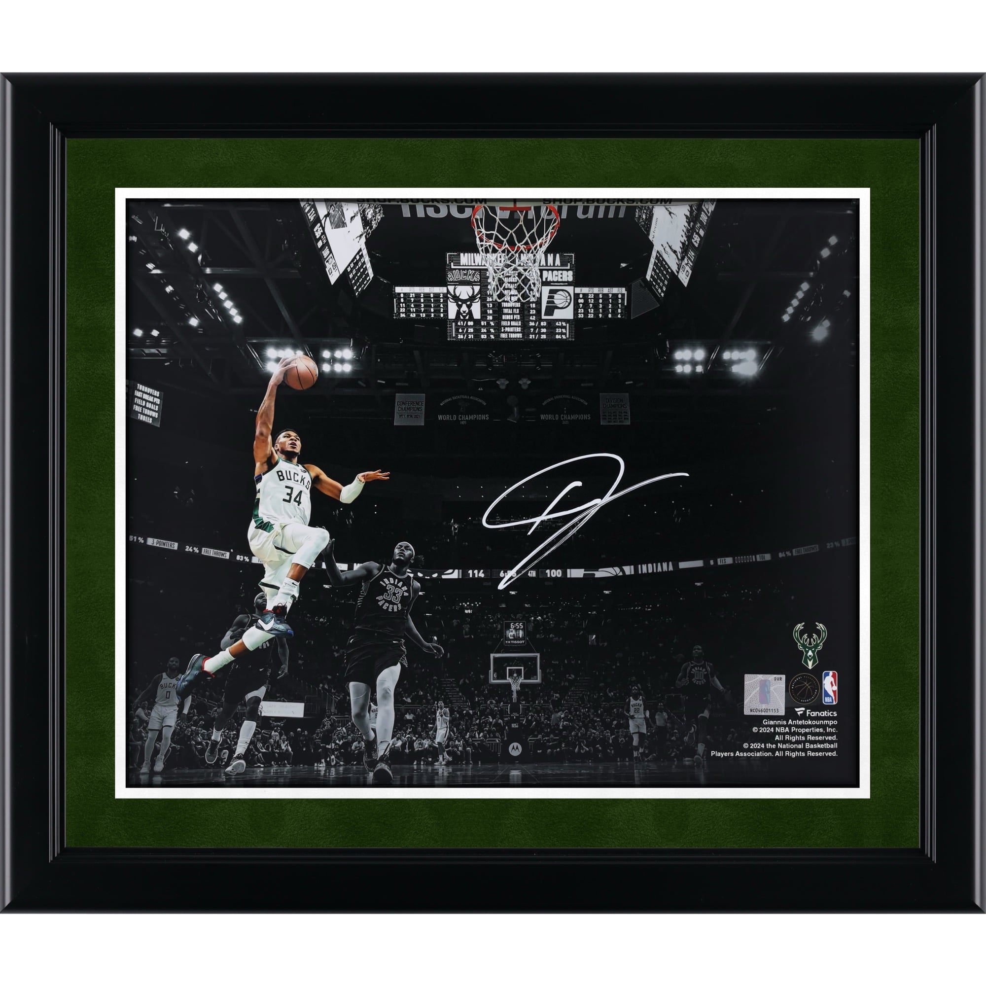 Giannis Antetokounmpo Milwaukee Bucks Autographed 11" x 14" Dunk vs. Indiana Pacers Spotlight Photograph