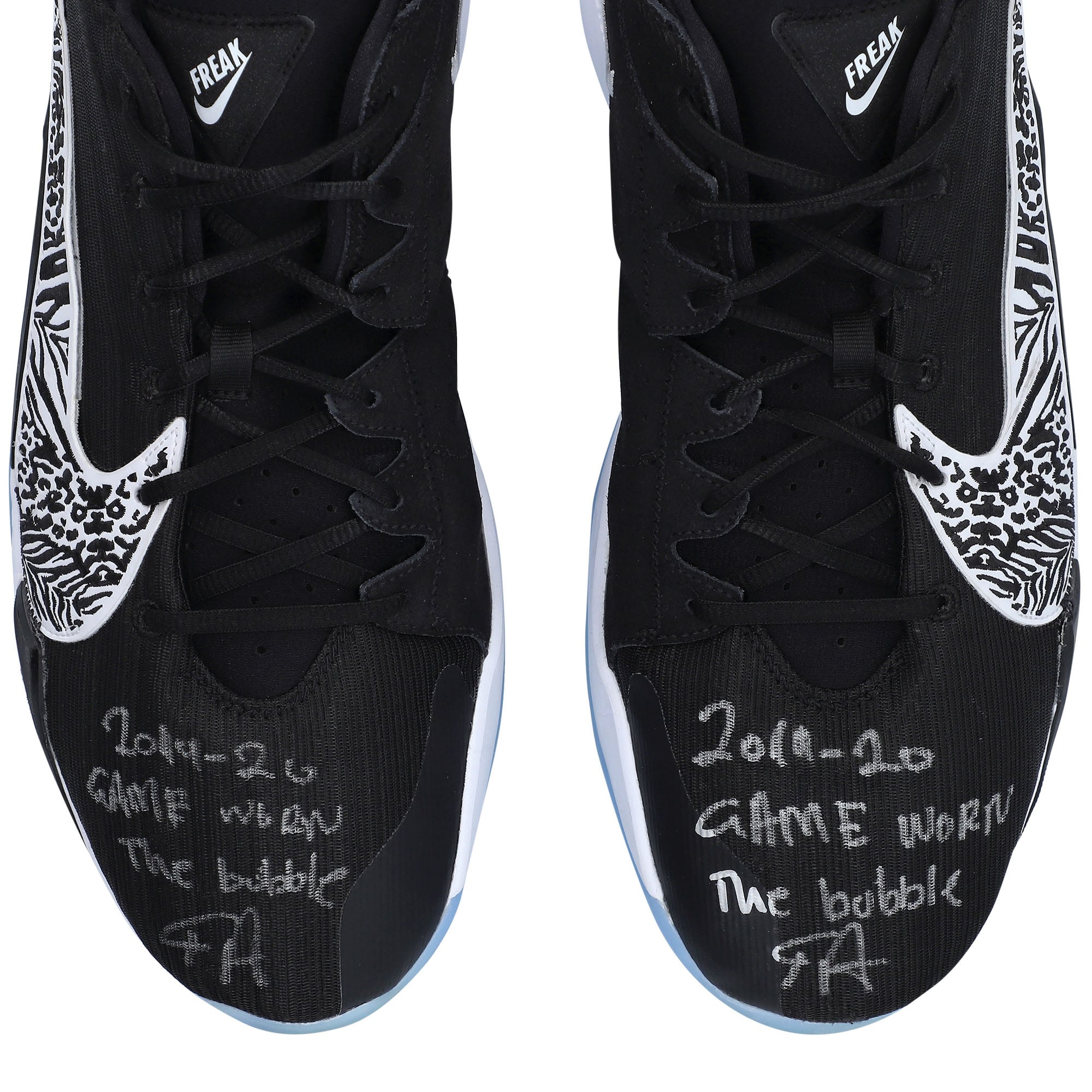 Giannis Antetokounmpo Milwaukee Bucks Autographed Game-Used Black Nike Shoes vs. Miami Heat on August 31 2020 with Multiple Inscriptions