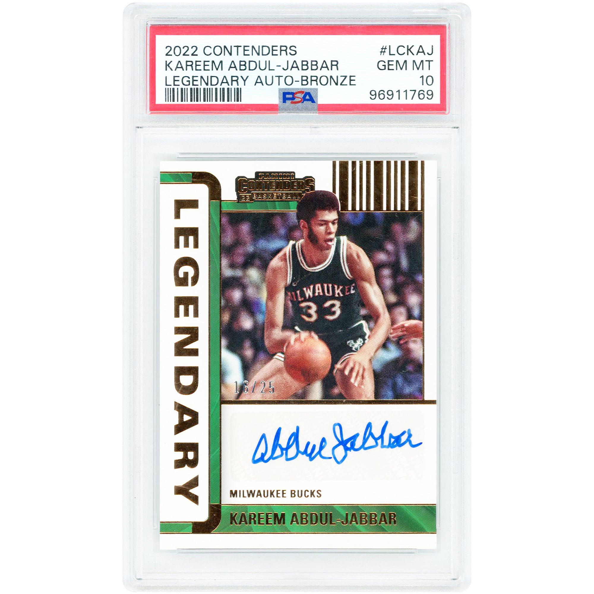 Kareem Abdul-Jabbar Milwaukee Bucks Autographed 2022-23 Panini Contenders Legendary Bronze #LC-KAJ #16/25 PSA Authenticated 10 Card