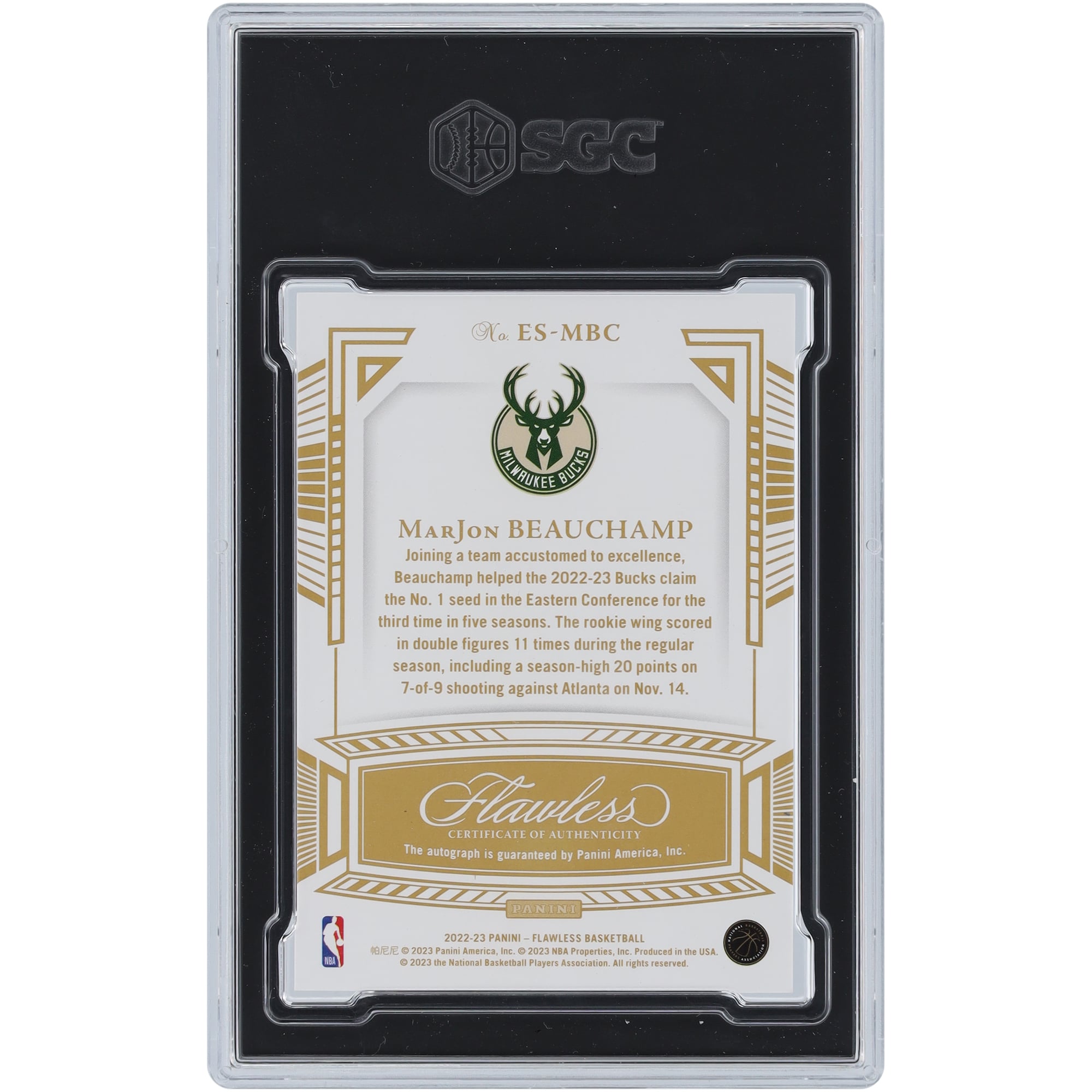 MarJon Beauchamp Milwaukee Bucks Carte Rookie authentifiée 9,5/10 Panini Flawless Excellence Emerald #ES-MBC #2/5 SGC autographiée 2022-23