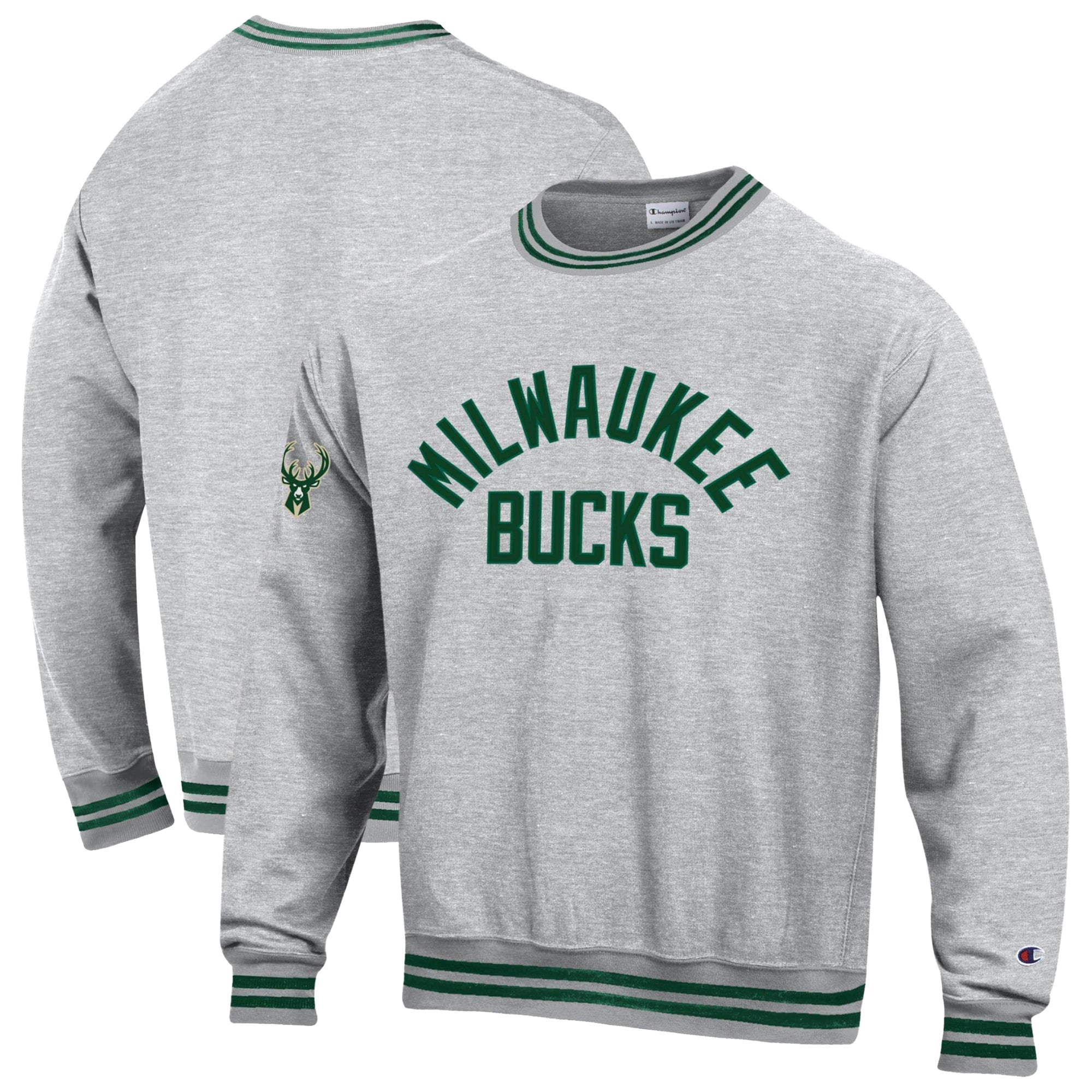 Men's Champion Heather Gray Milwaukee Bucks Reverse Weave Crew Yarn Dye Sweatshirt