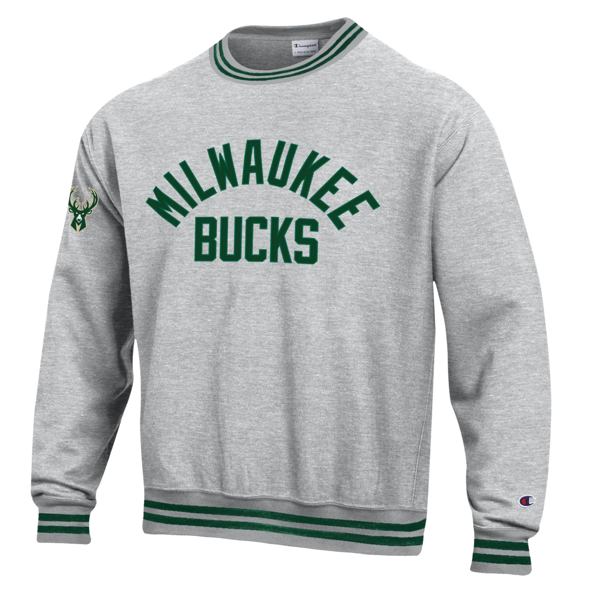 Men's Champion Heather Gray Milwaukee Bucks Reverse Weave Crew Yarn Dye Sweatshirt