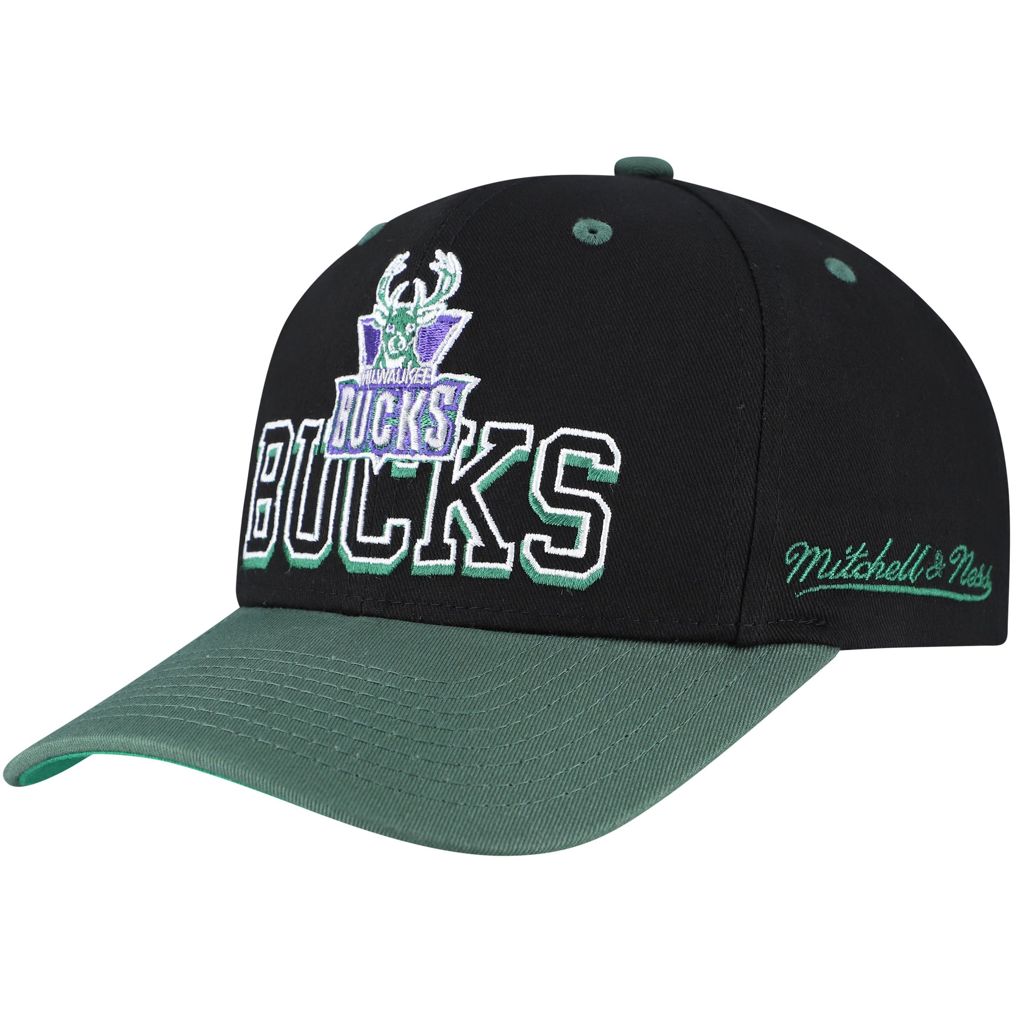 Men's Milwaukee Bucks Mitchell & Ness Black/Hunter Green Backside Script Two-Tone Pro Crown Adjustable Hat