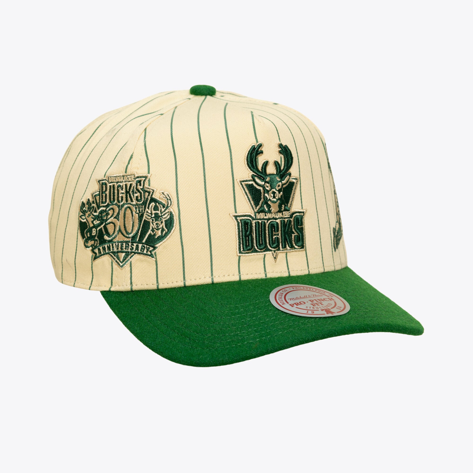 Men's Mitchell & Ness Cream Milwaukee Bucks Hardwood Classics Retro Roots Stripe Pro Adjustable Hat