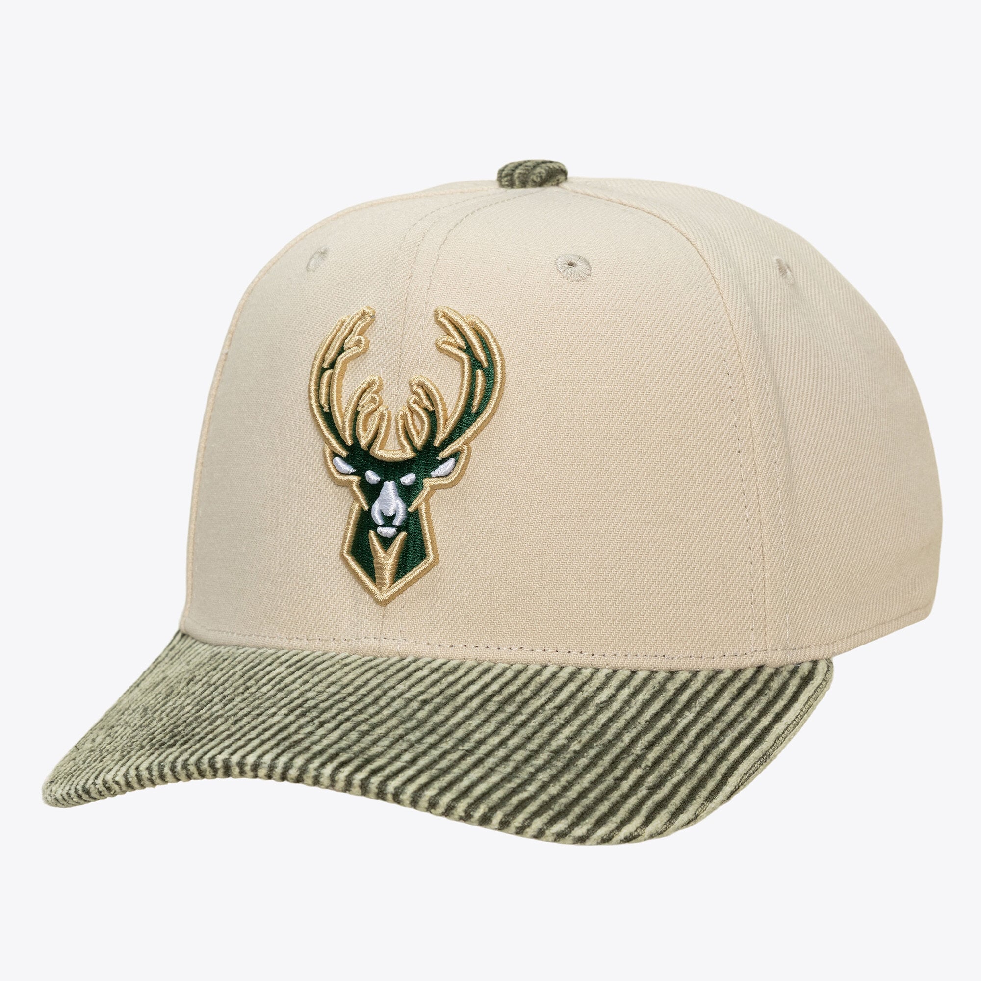 Men's Mitchell & Ness Cream/Green Milwaukee Bucks Washed Corduroy Pro Crown Snapback Hat