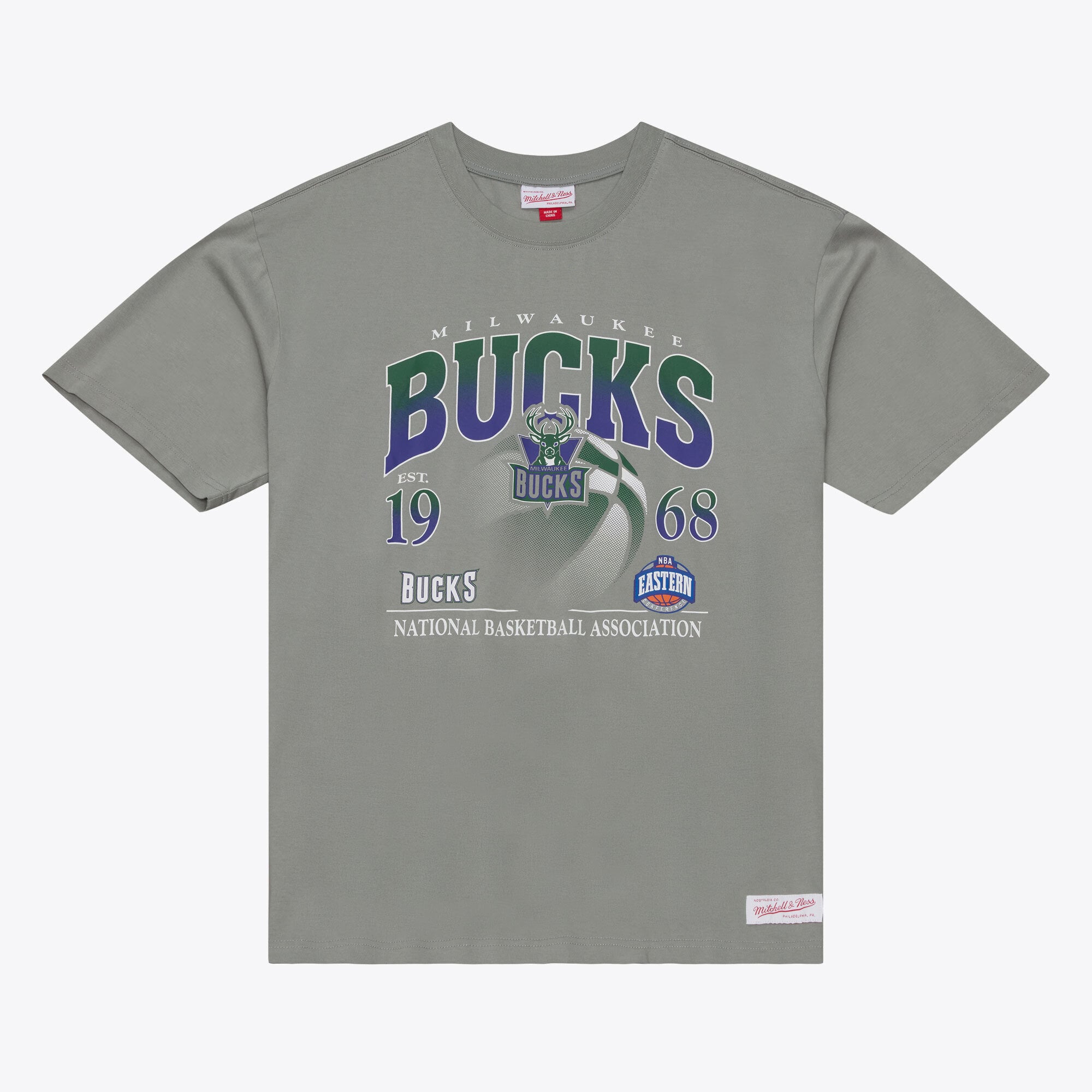 T-shirt graphique Mitchell & Ness gris pour homme, motif Milwaukee Bucks.