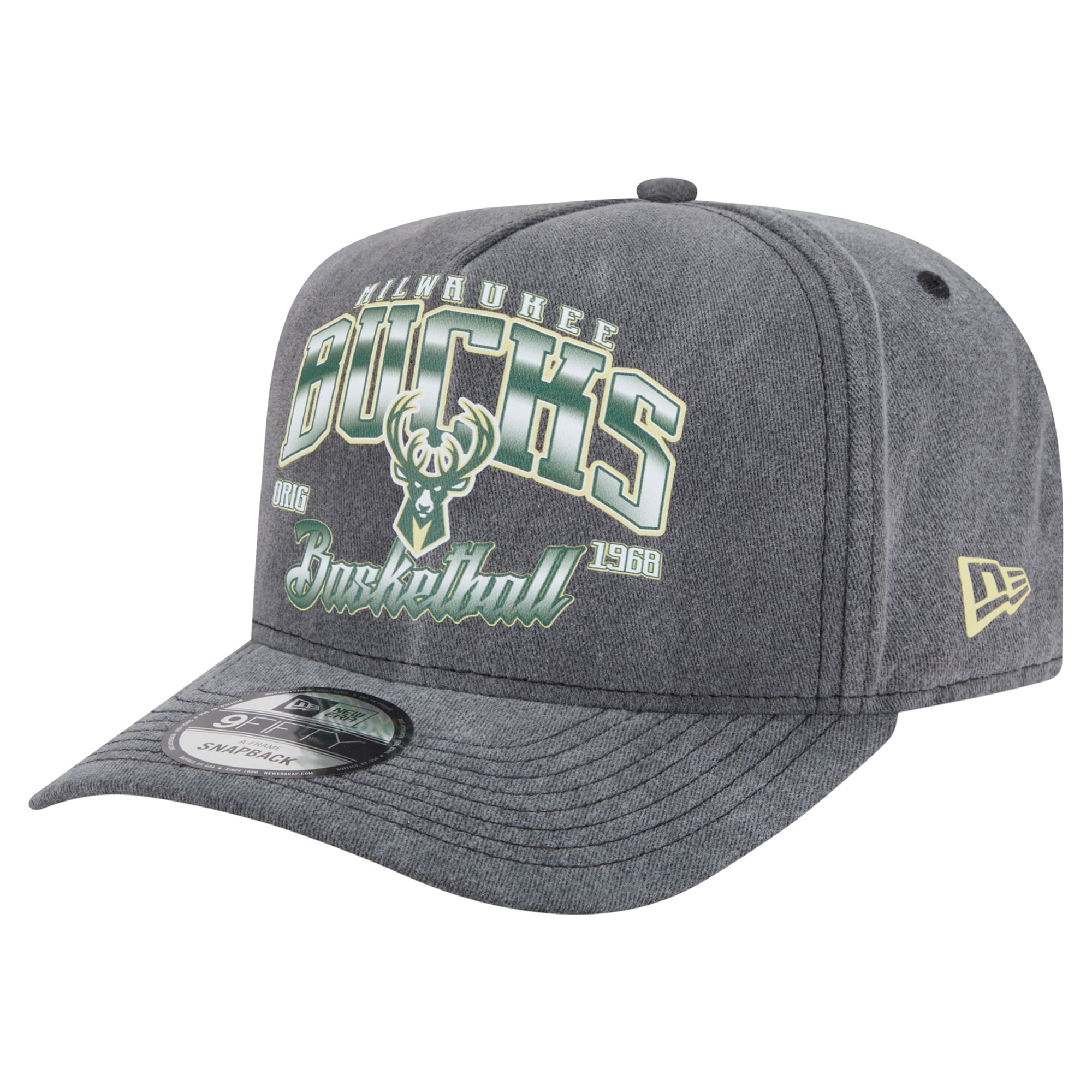 Men's Milwaukee Bucks New Era Charcoal Throwback Washed Pre-Curved 9FIFTY Snapback Hat