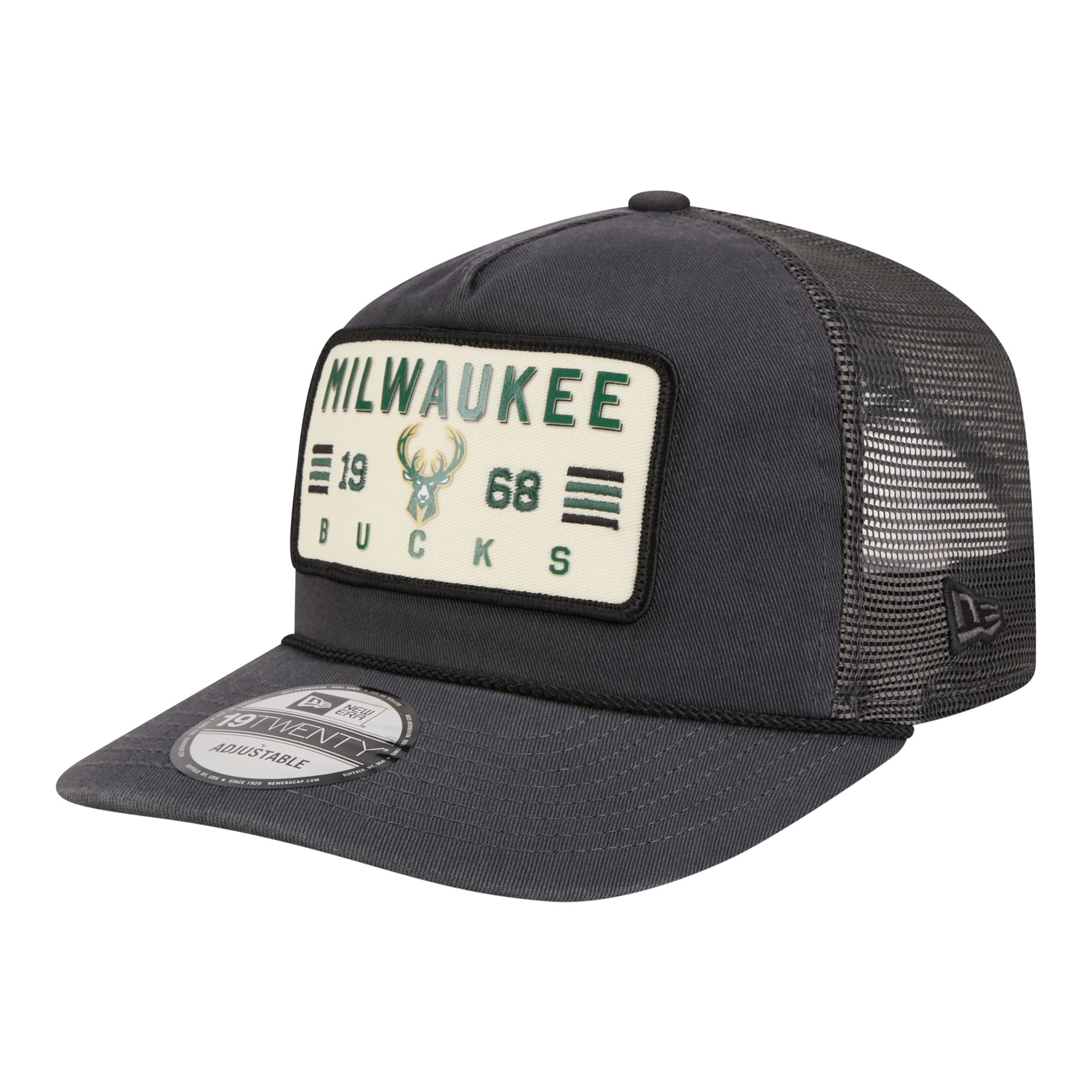 Men's New Era Charcoal Milwaukee Bucks Washed Patch 19TWENTY Adjustable Trucker Hat