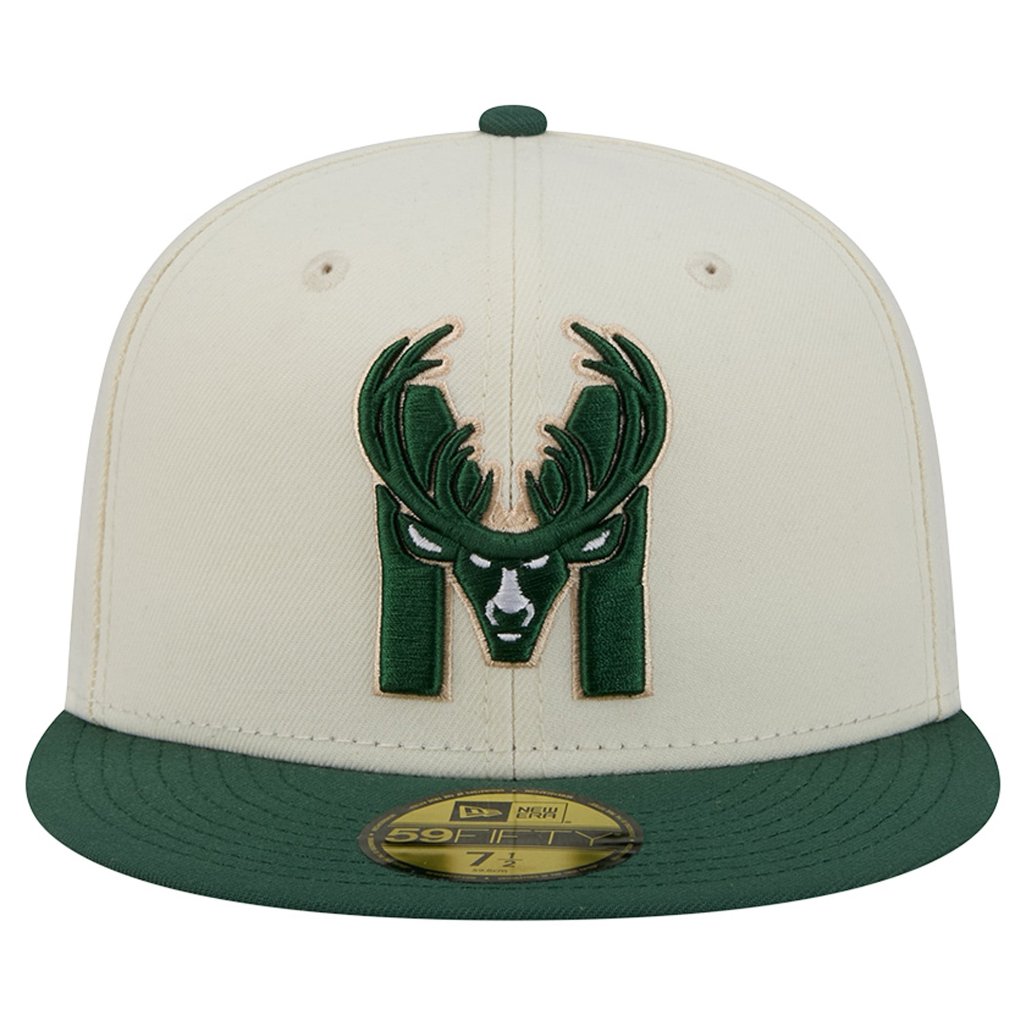 Men's New Era Cream/Hunter Green Milwaukee Bucks Deceptor 59FIFTY Fitted Hat