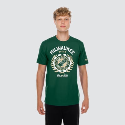  Milwaukee Bucks New Era Laurel Crest Flocking T-Shirt - Hunter Green