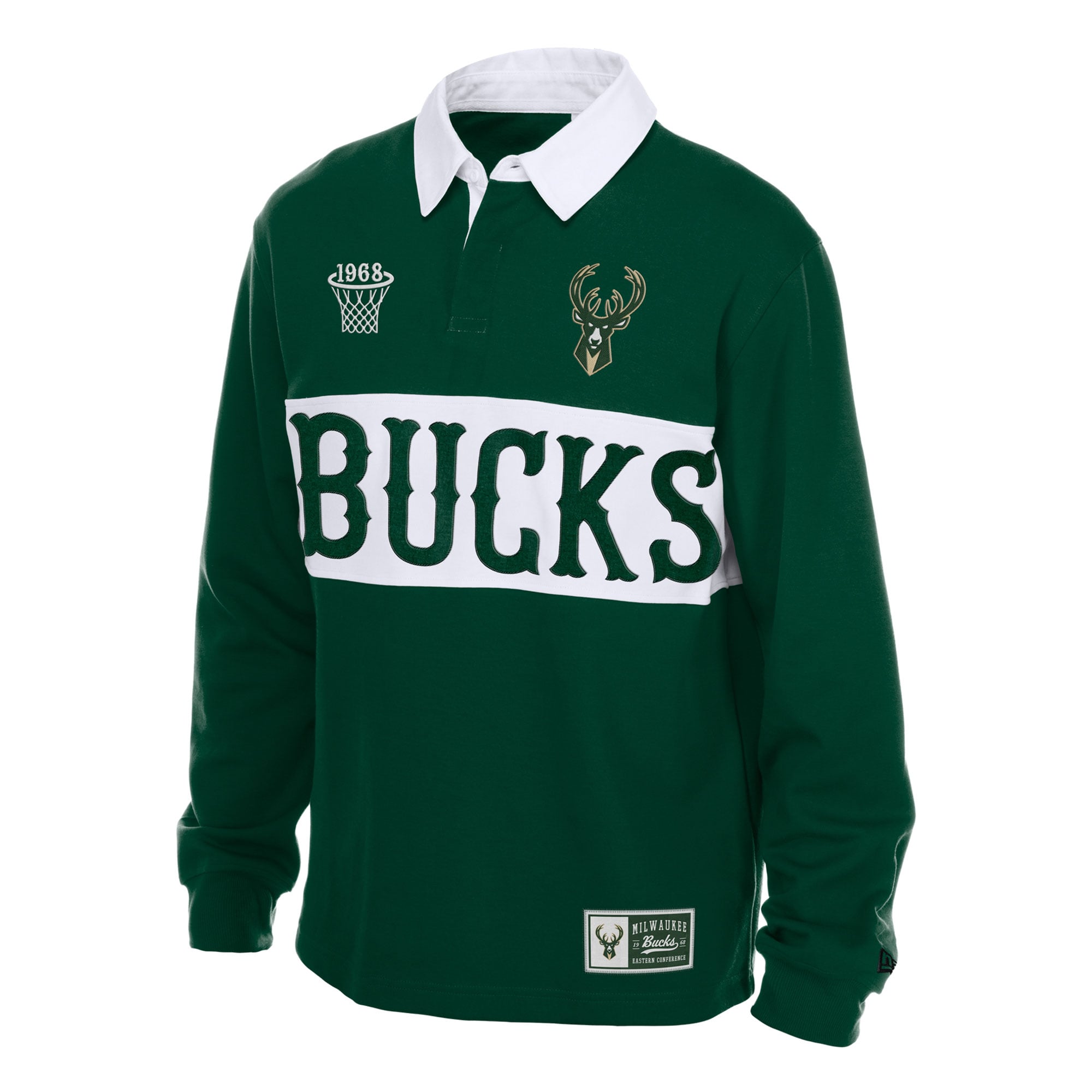Polo de rugby à manches longues New Era vert chasseur pour homme, Milwaukee Bucks