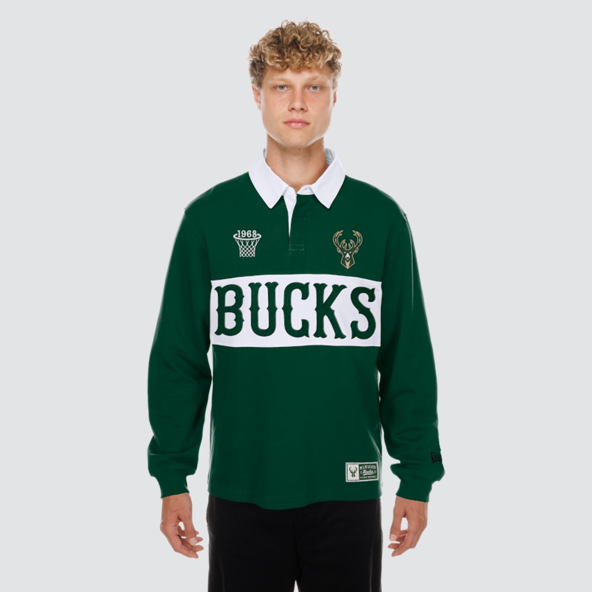 Polo de rugby à manches longues New Era vert chasseur pour homme, Milwaukee Bucks
