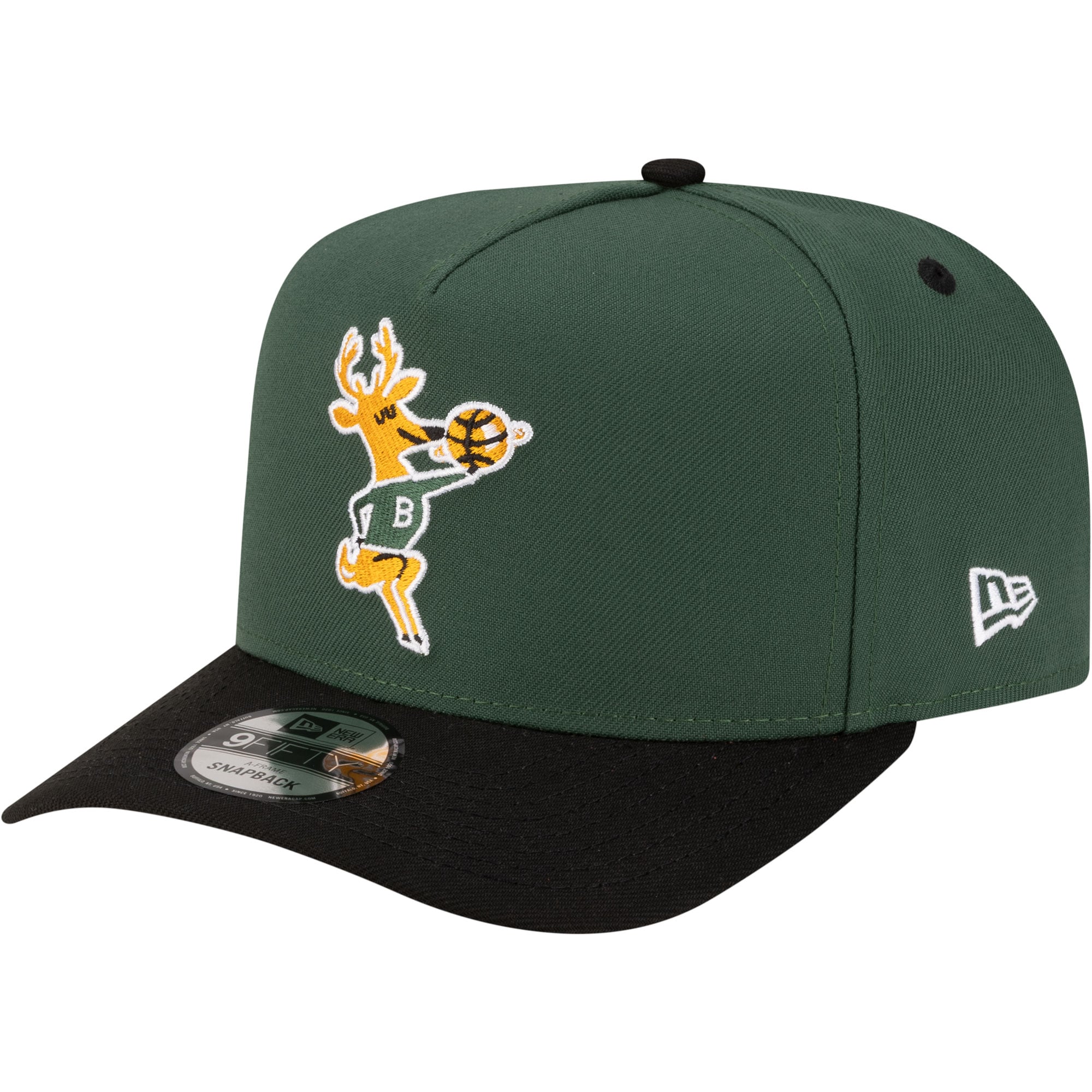 Men's New Era Hunter Green/Black Milwaukee Bucks 80s Throwback A-Frame 9FIFTY Snapback Hat