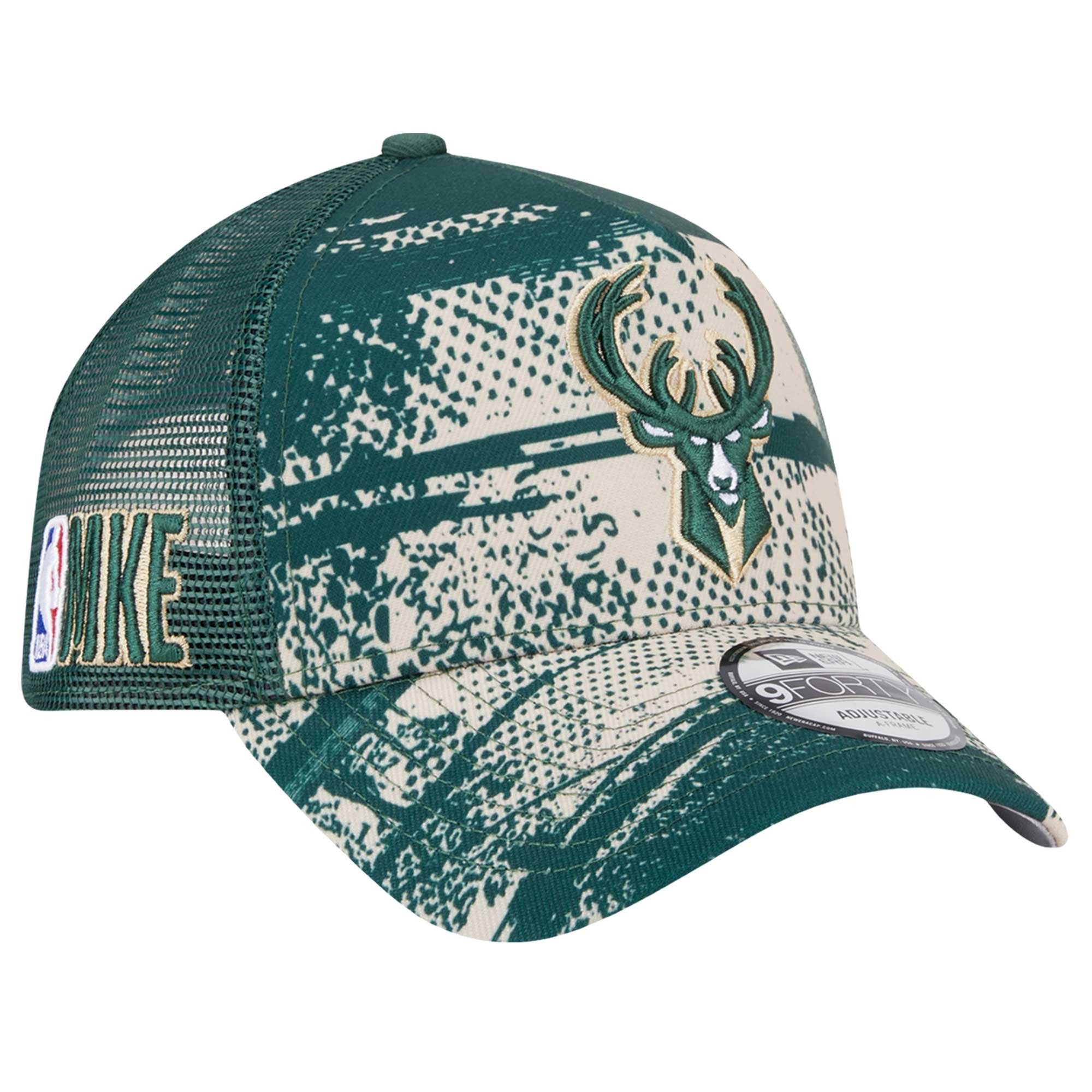 Men's Milwaukee Bucks New Era Hunter Green/Cream Tip Off A-Frame Trucker 9FORTY Adjustable Hat