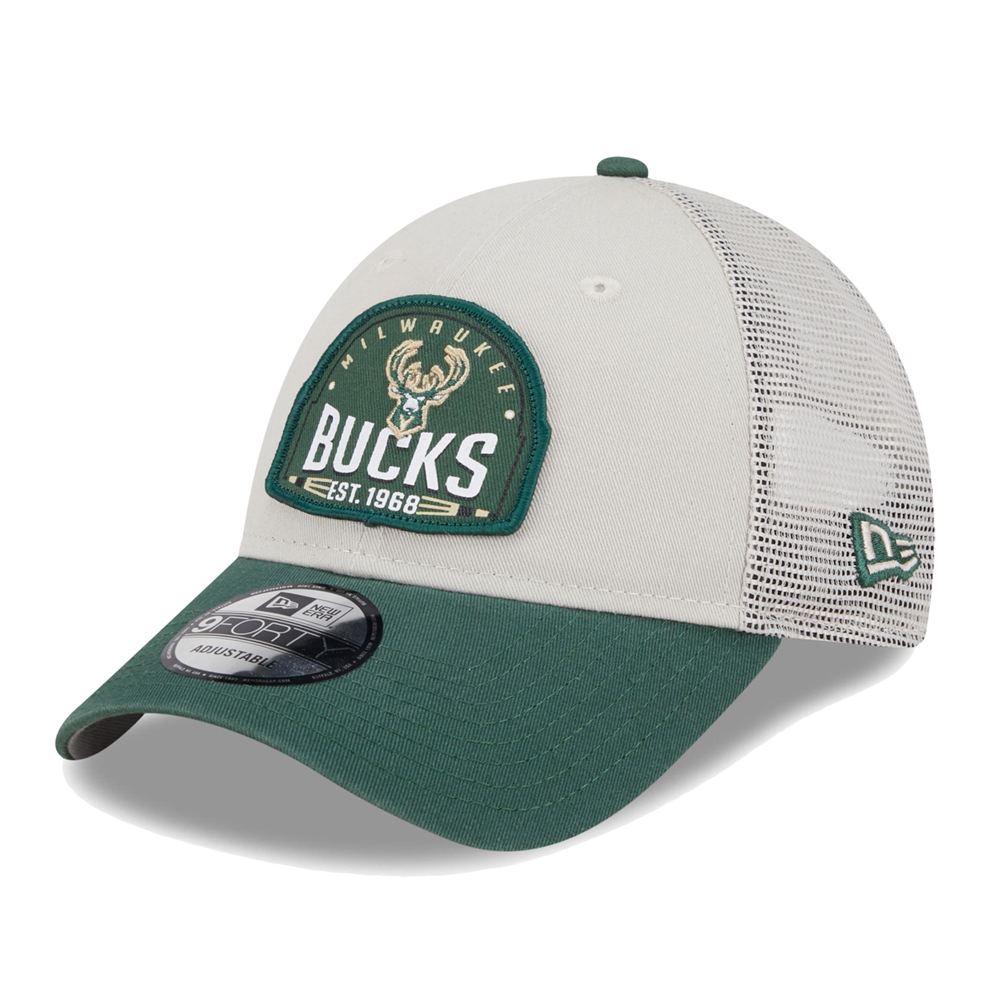 Men's Milwaukee Bucks New Era Khaki/Hunter Green Throwback Patch Trucker 9FORTY Adjustable Hat