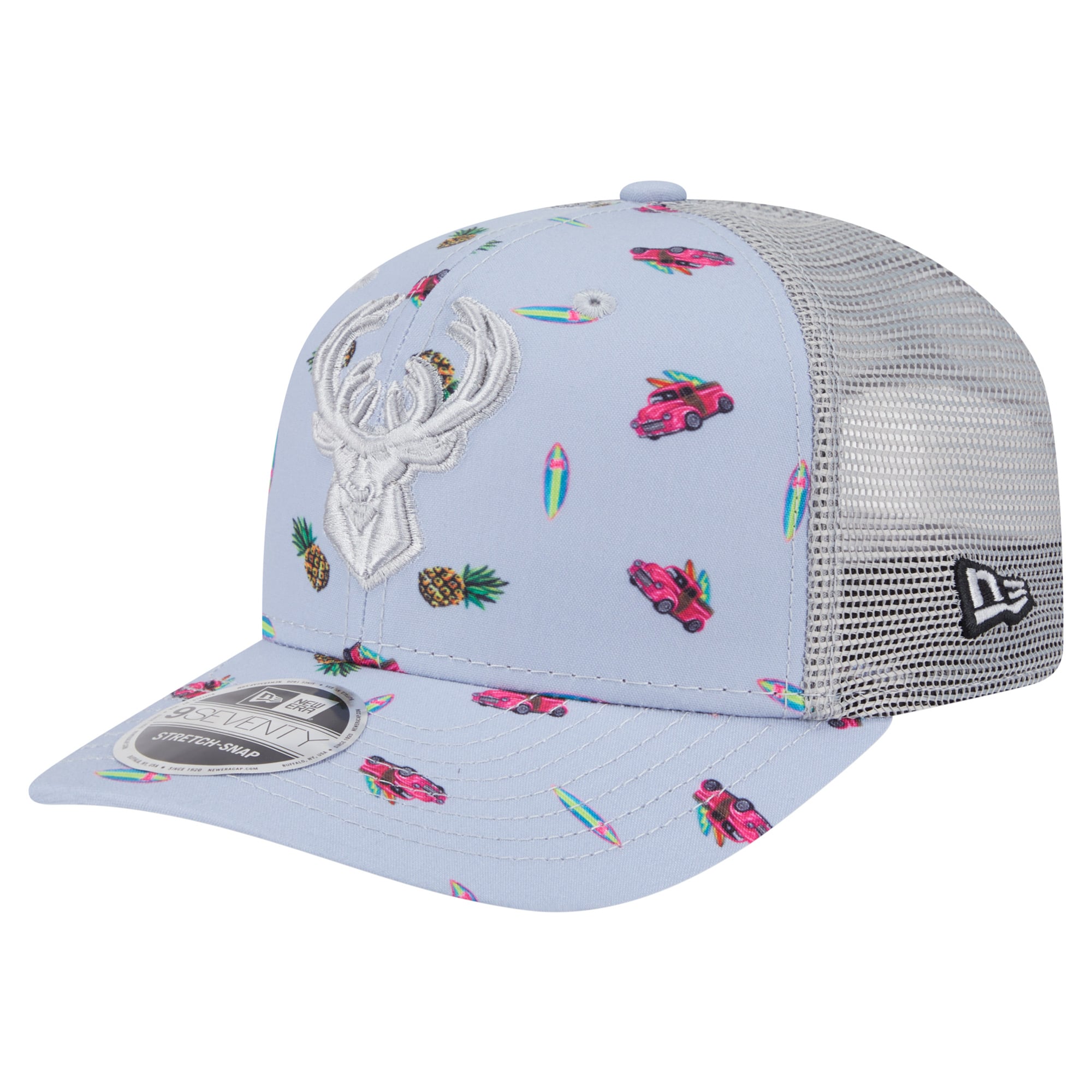 Men's Milwaukee Bucks New Era Light Blue/Gray Adventure Aloha Pattern 9SEVENTY Stretch-Snap Hat